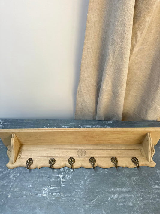 Antique French Farmhouse Oak 6 Hook Wall Shelf