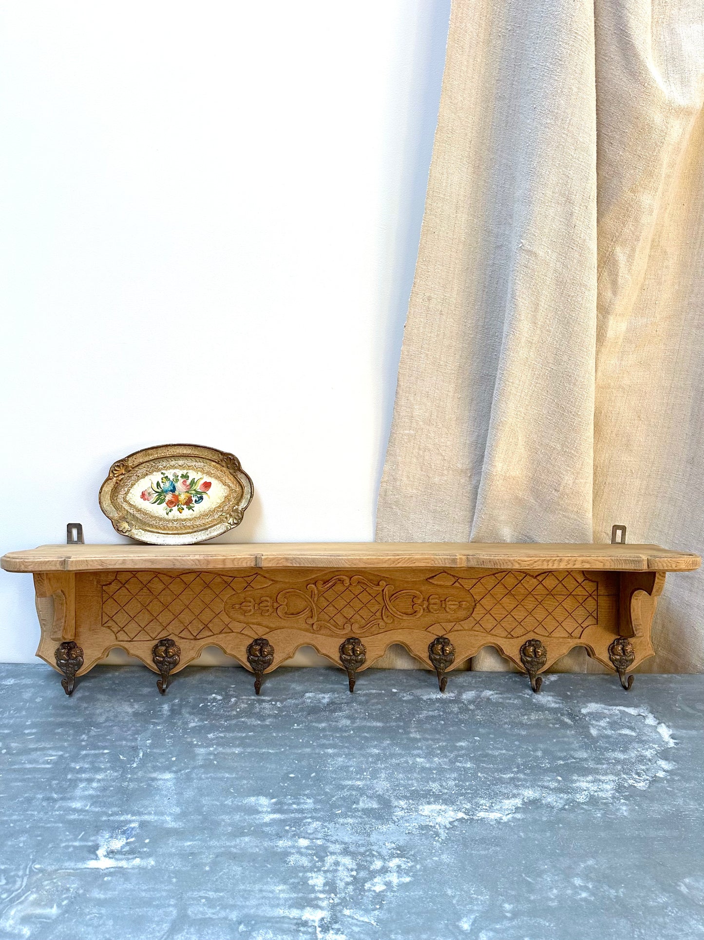 Antique French Louis XV Raw Oak 7 Hook Wall Shelf