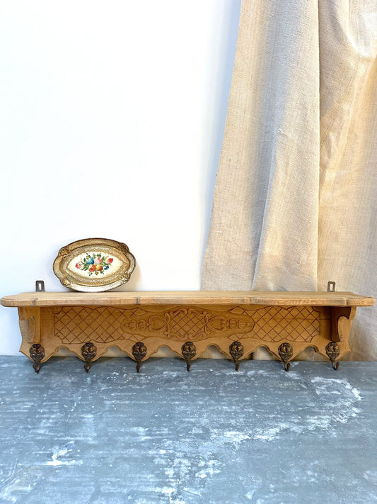 Antique French Louis XV Raw Oak 7 Hook Wall Shelf