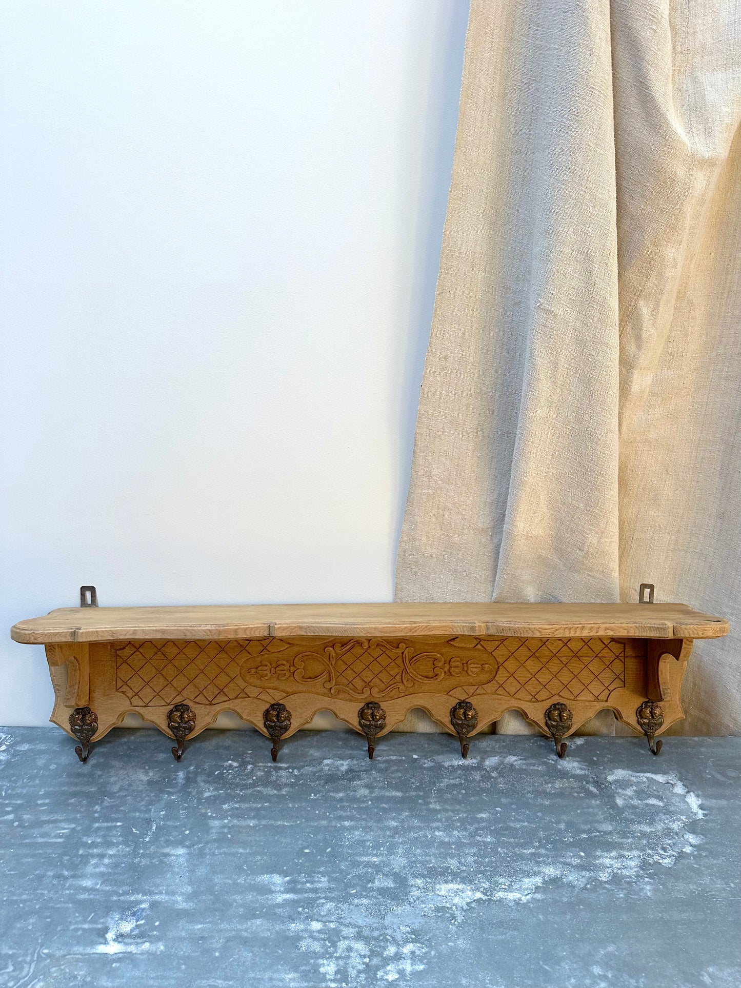 Antique French Louis XV Raw Oak 7 Hook Wall Shelf