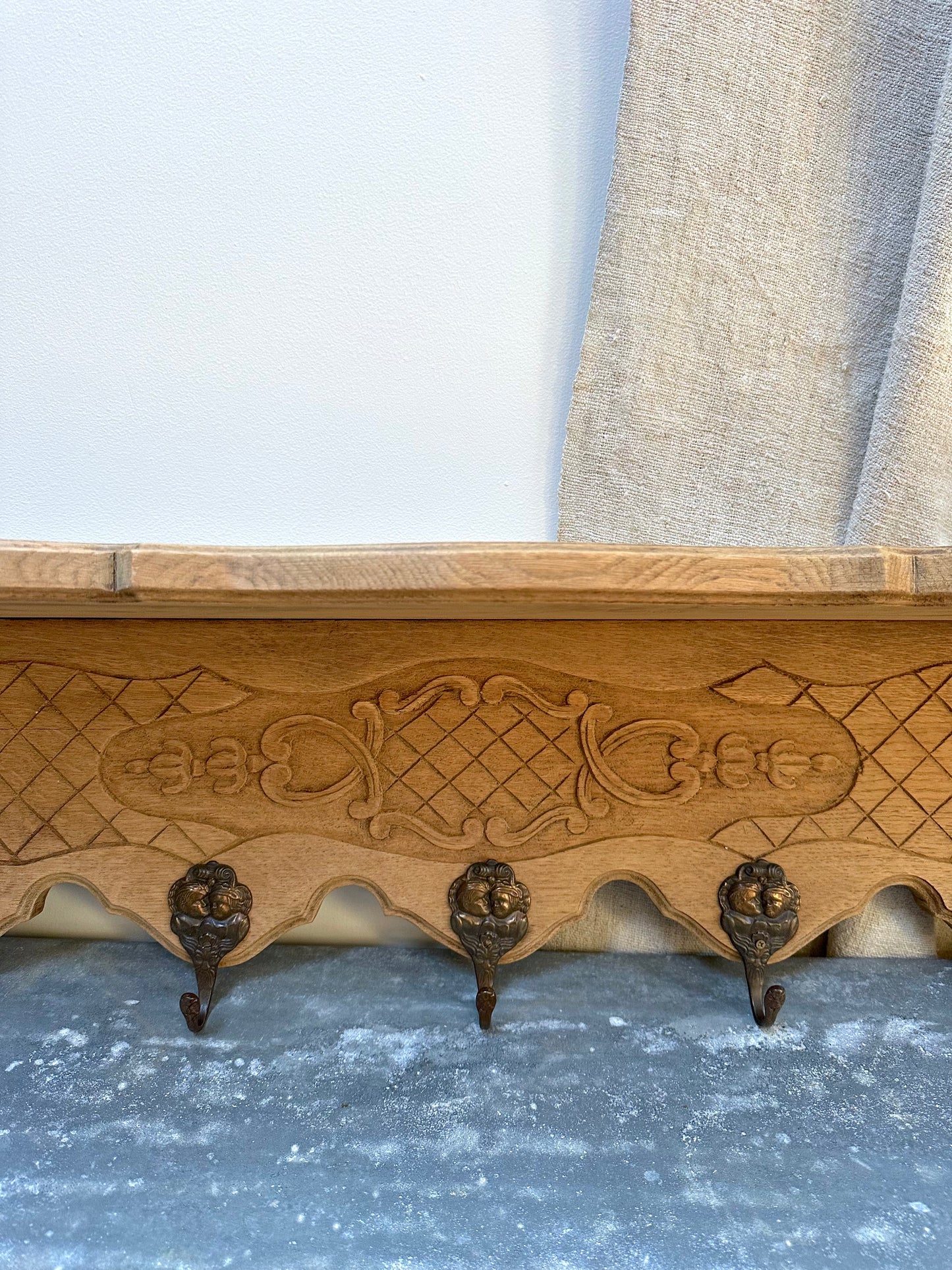 Antique French Louis XV Raw Oak 7 Hook Wall Shelf