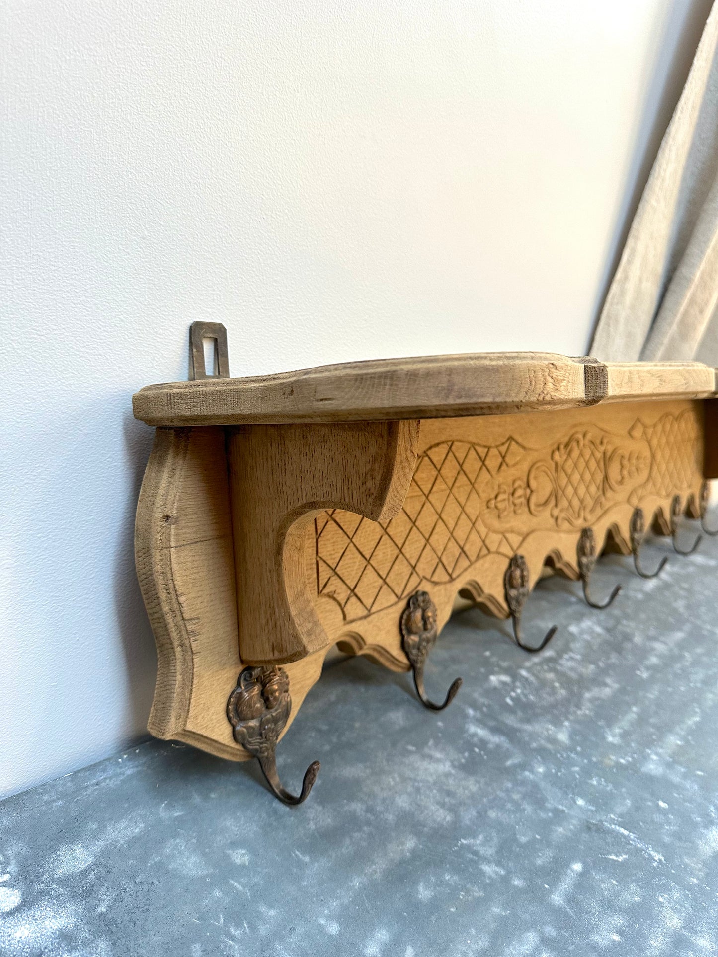 Antique French Louis XV Raw Oak 7 Hook Wall Shelf