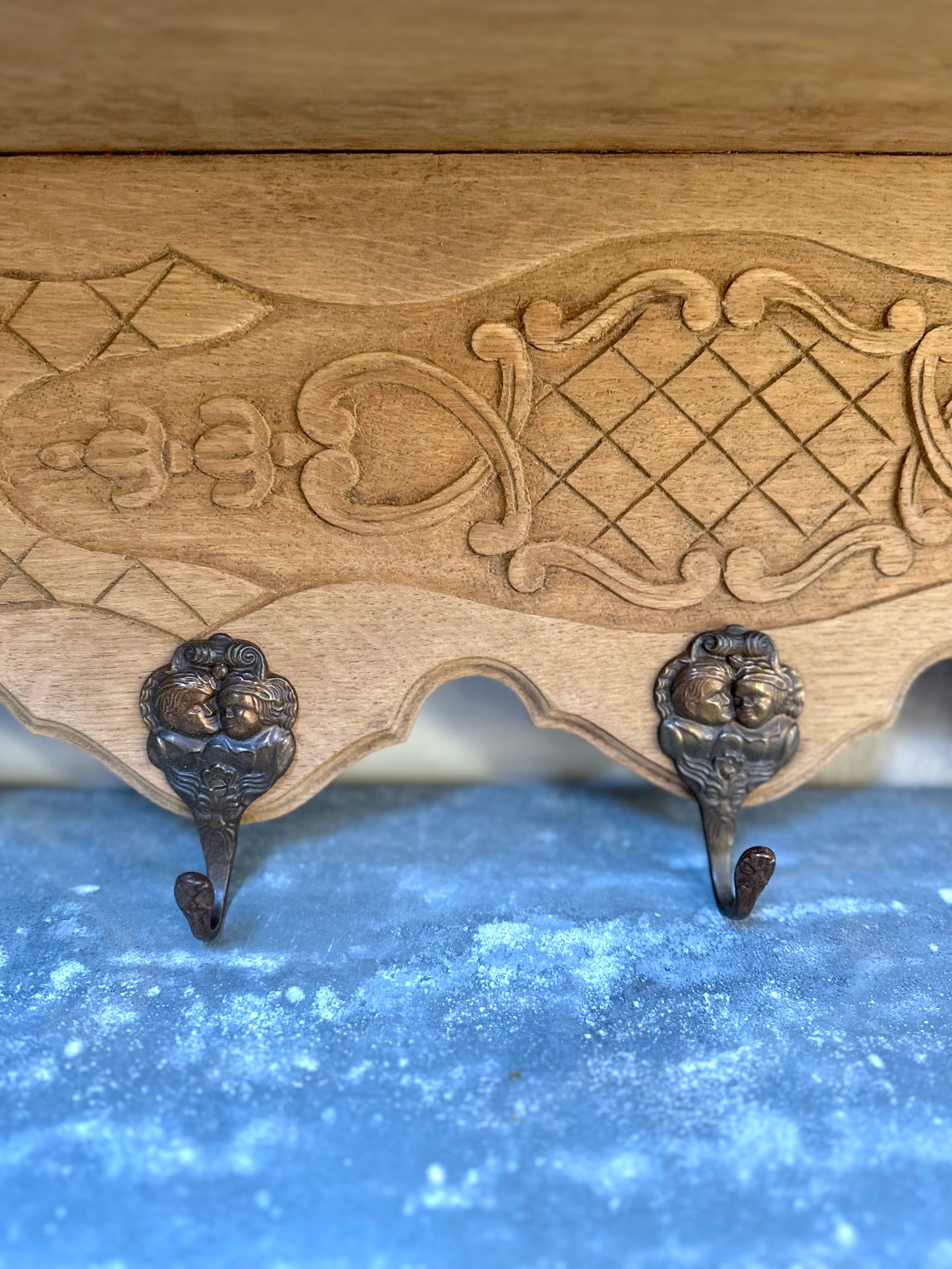 Antique French Louis XV Raw Oak 7 Hook Wall Shelf