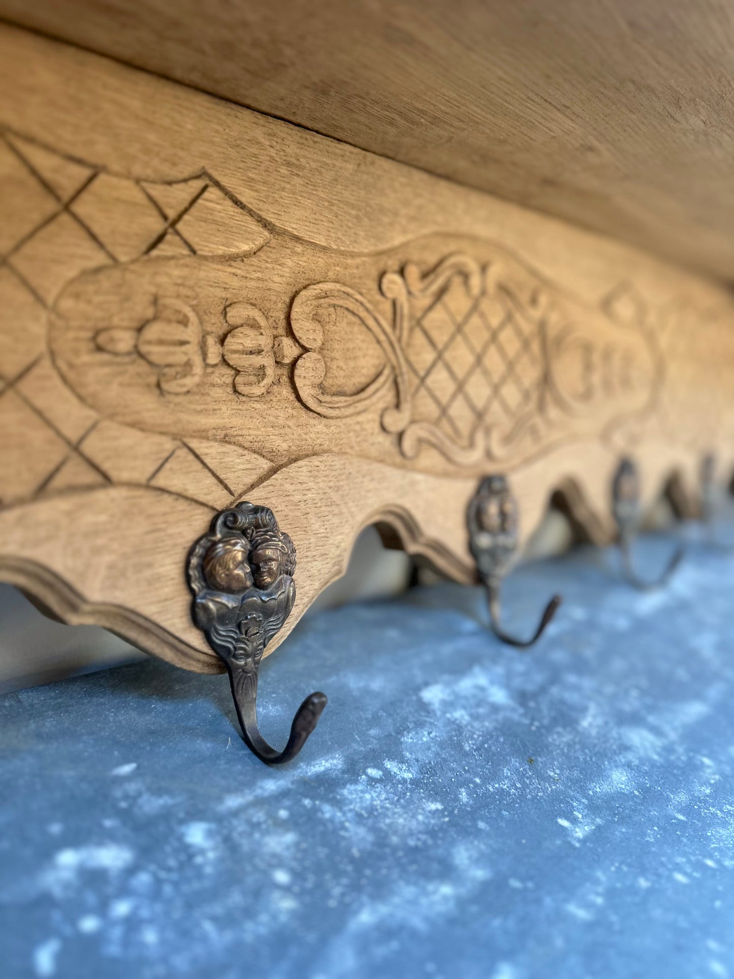 Antique French Louis XV Raw Oak 7 Hook Wall Shelf