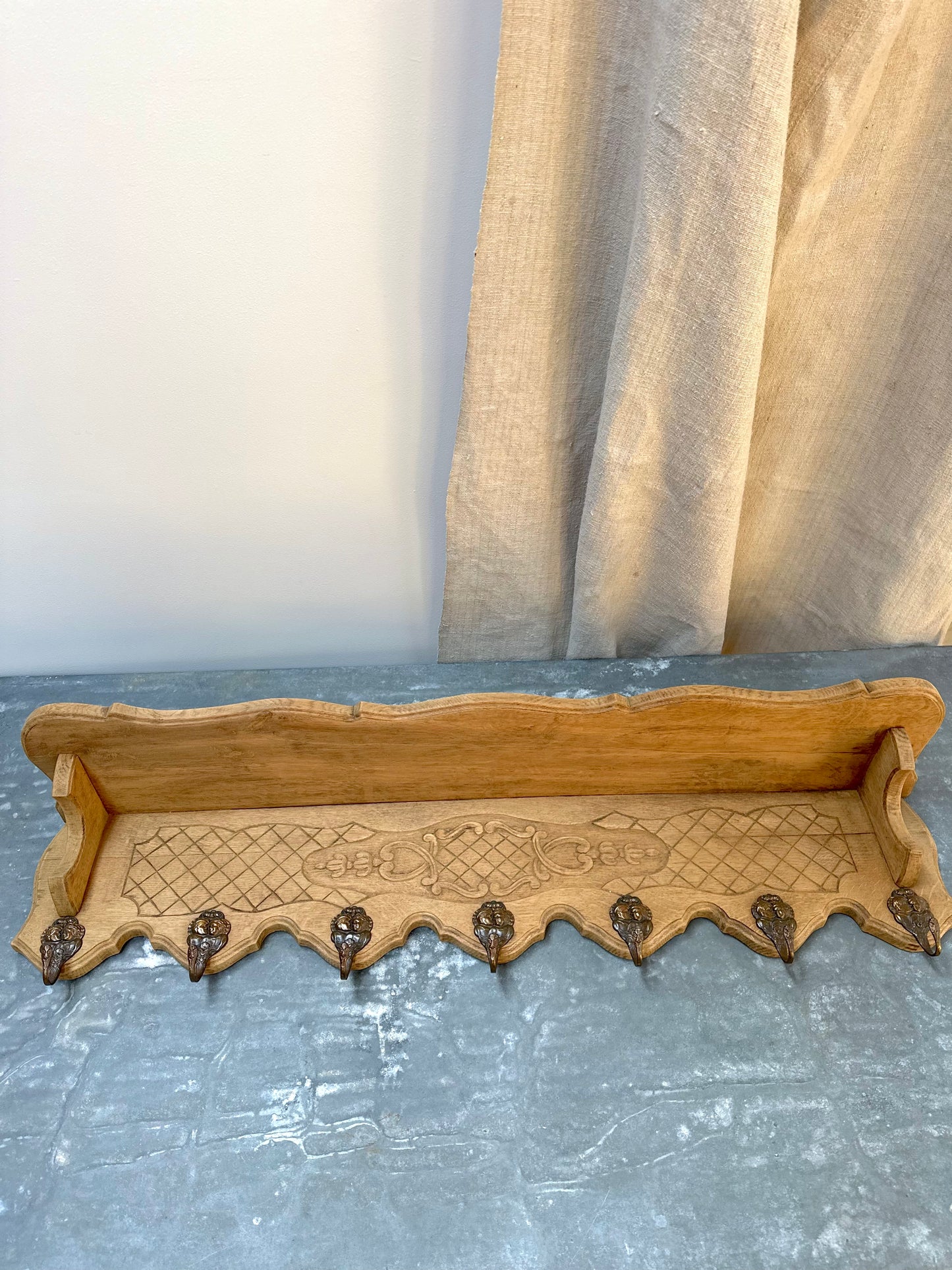 Antique French Louis XV Raw Oak 7 Hook Wall Shelf