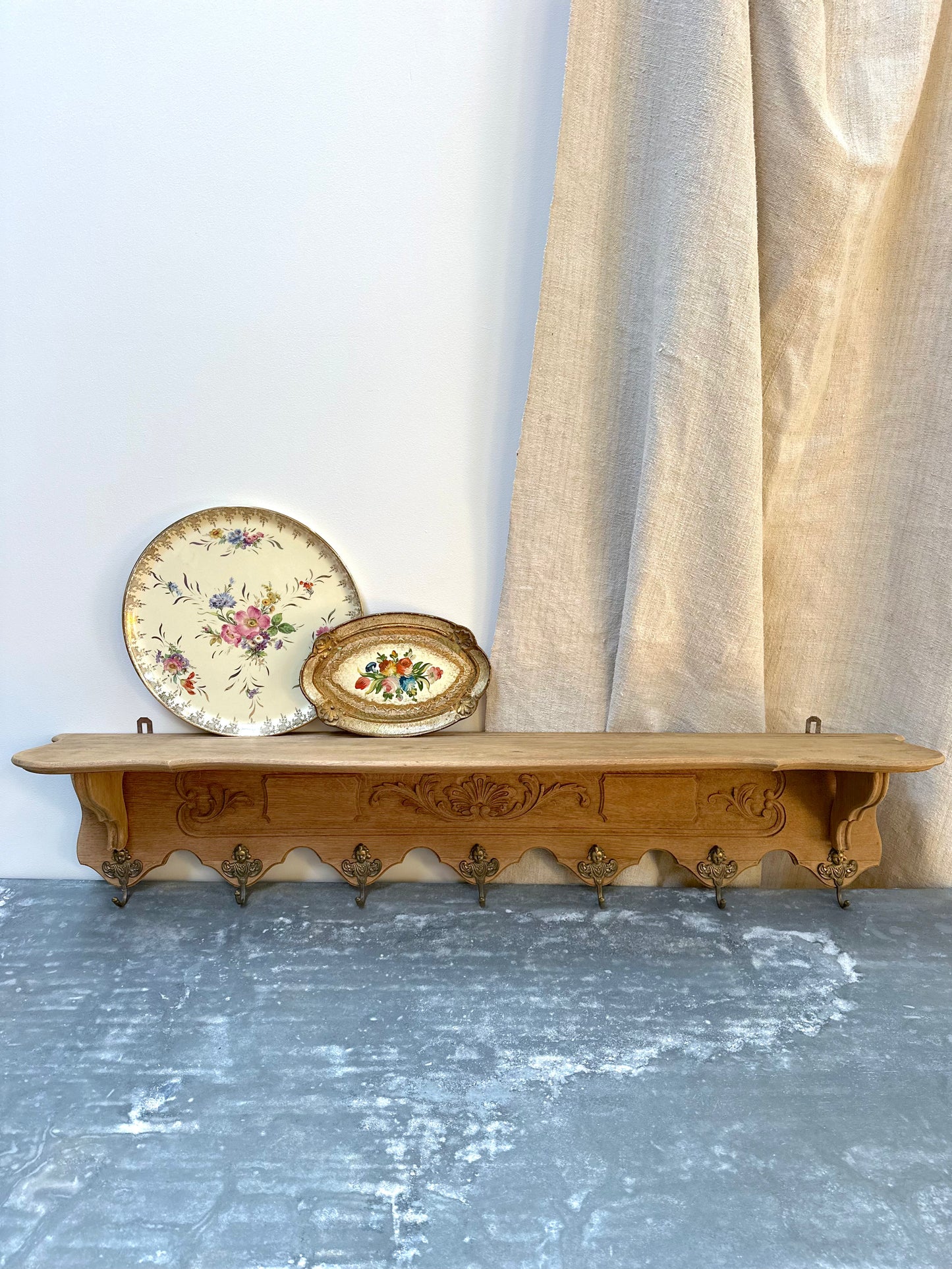 Antique French Louis XV Oak 7 Hook Wall Shelf