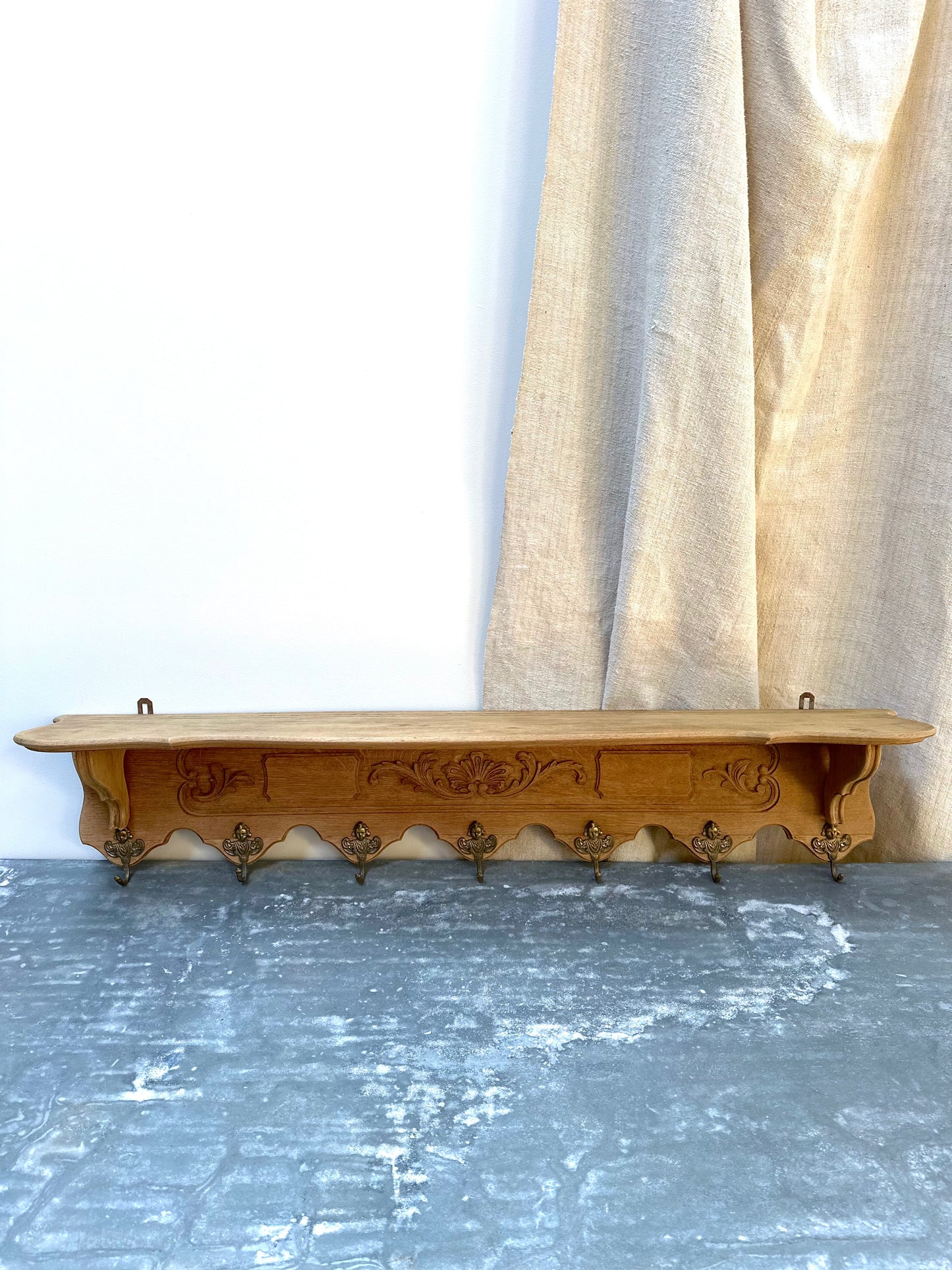 Antique French Louis XV Oak 7 Hook Wall Shelf