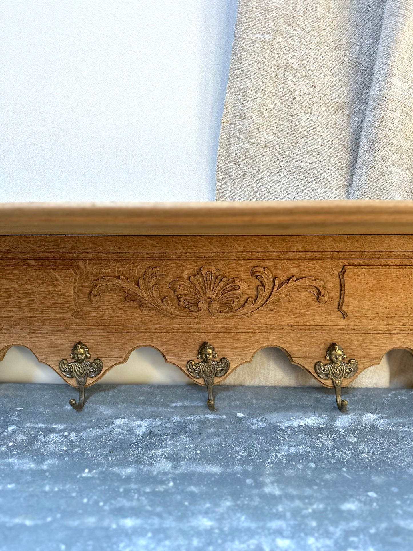 Antique French Louis XV Oak 7 Hook Wall Shelf