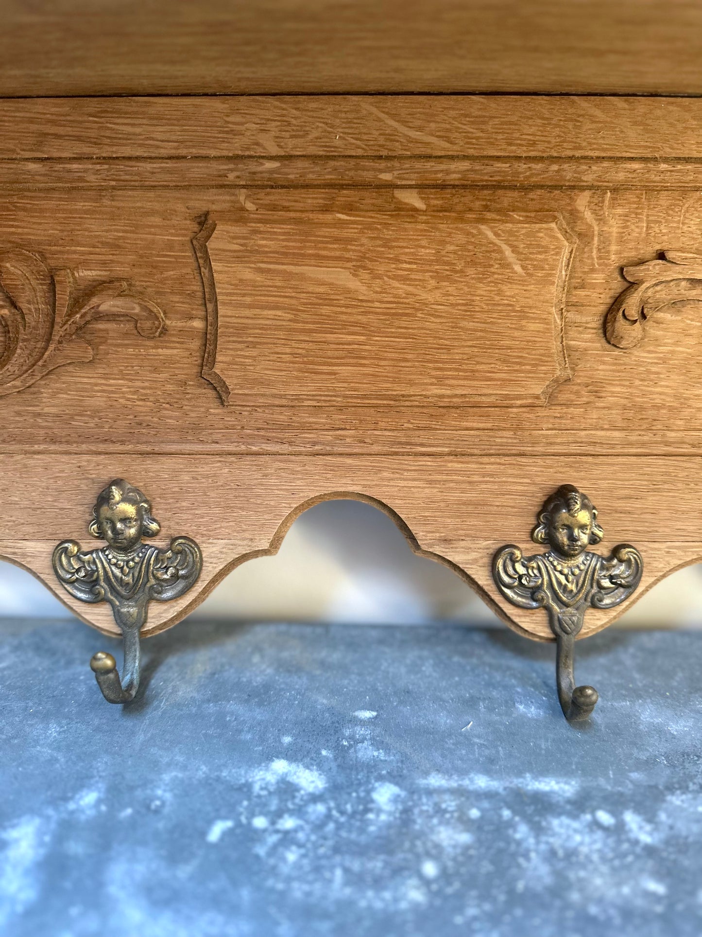 Antique French Louis XV Oak 7 Hook Wall Shelf