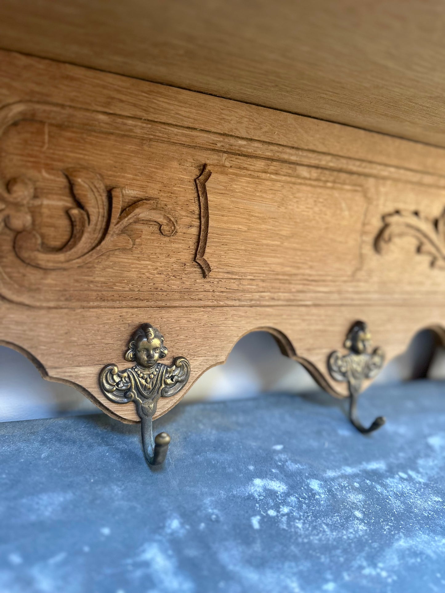 Antique French Louis XV Oak 7 Hook Wall Shelf