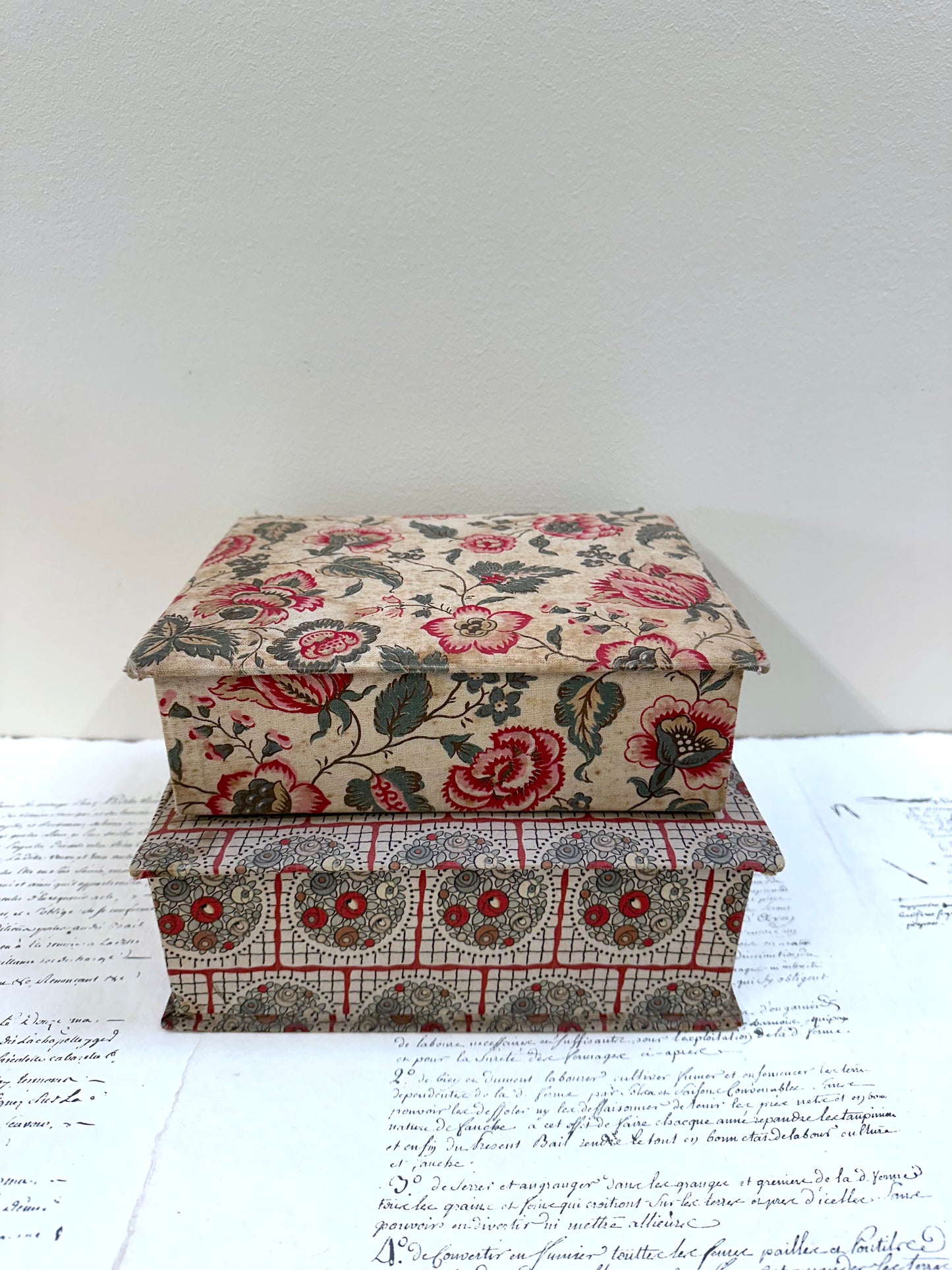 Antique French 'Fleur du Bonheur' Fabric Covered Boudoir Boxes