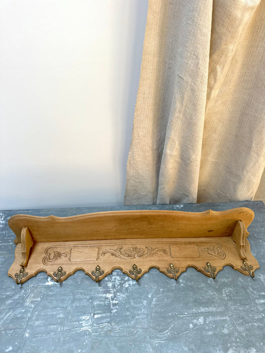 Antique French Louis XV Oak 7 Hook Wall Shelf