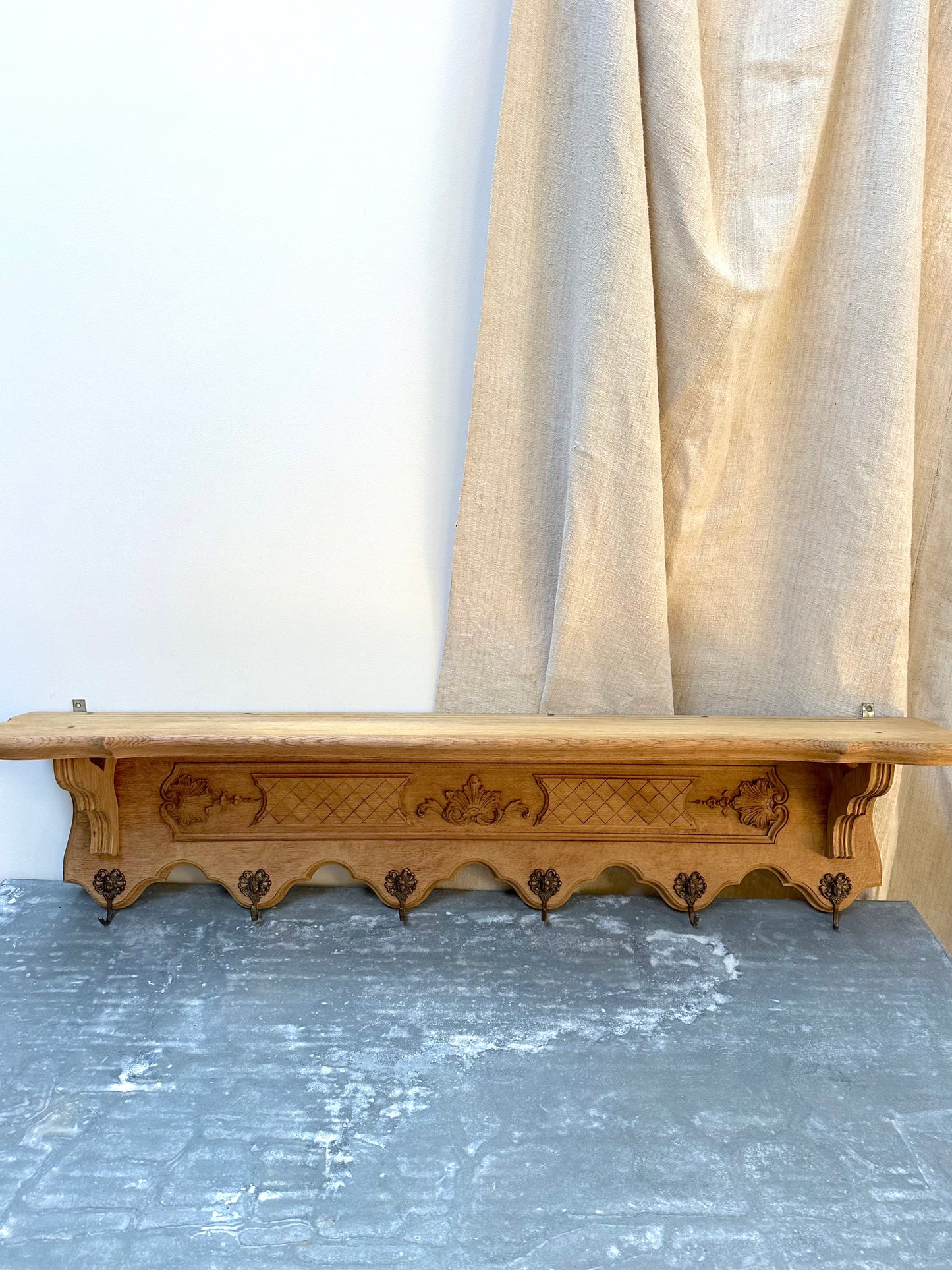 Antique French Large Louis XV Oak 6 Hook Wall Shelf