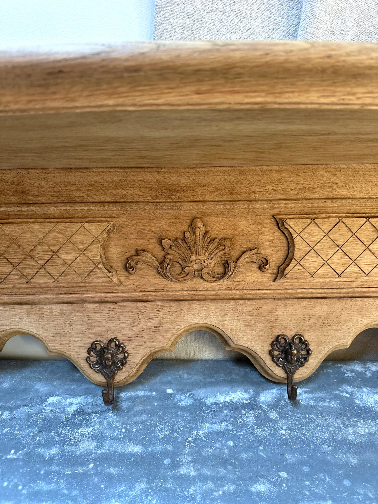Antique French Large Louis XV Oak 6 Hook Wall Shelf