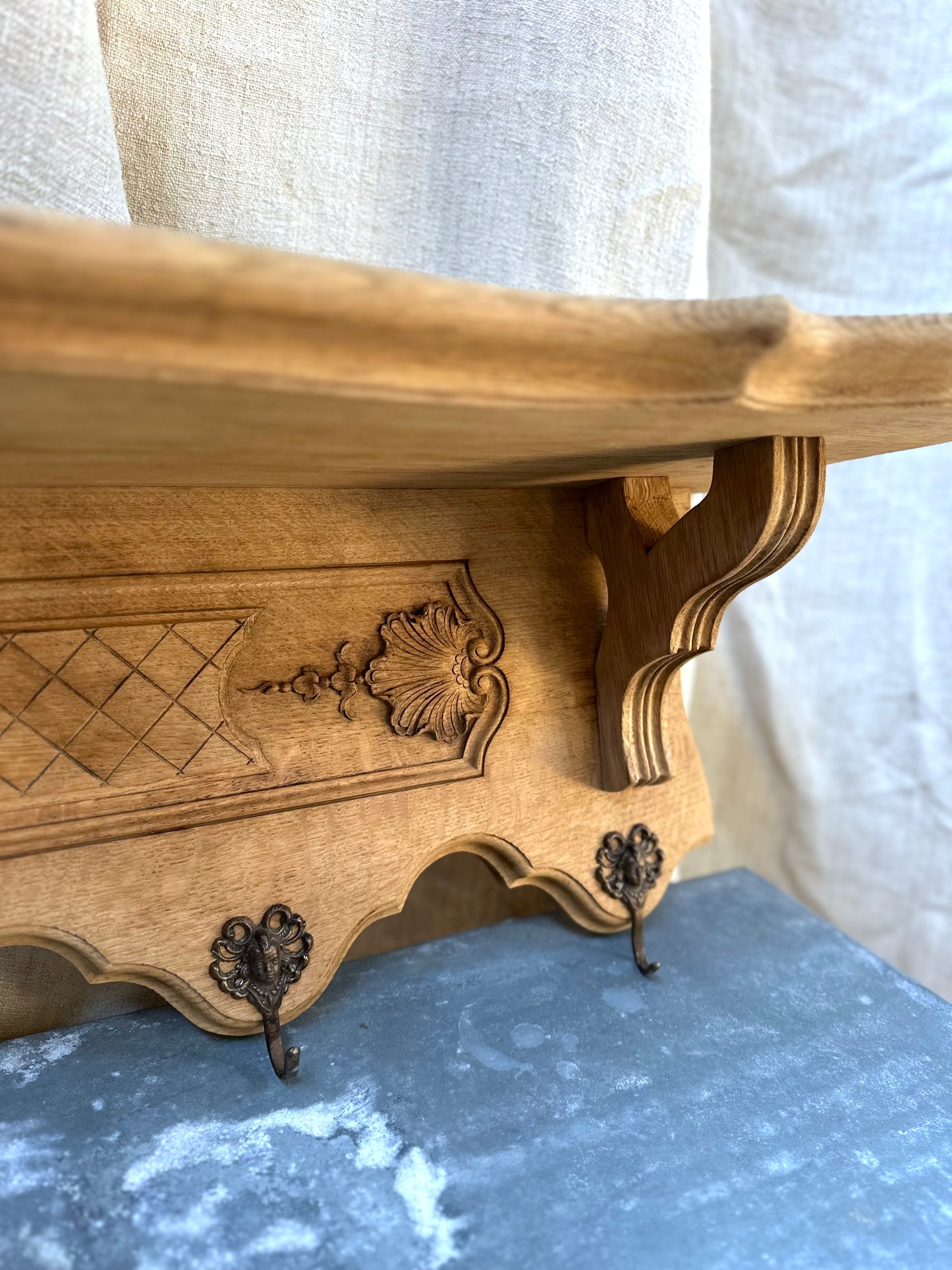 Antique French Large Louis XV Oak 6 Hook Wall Shelf
