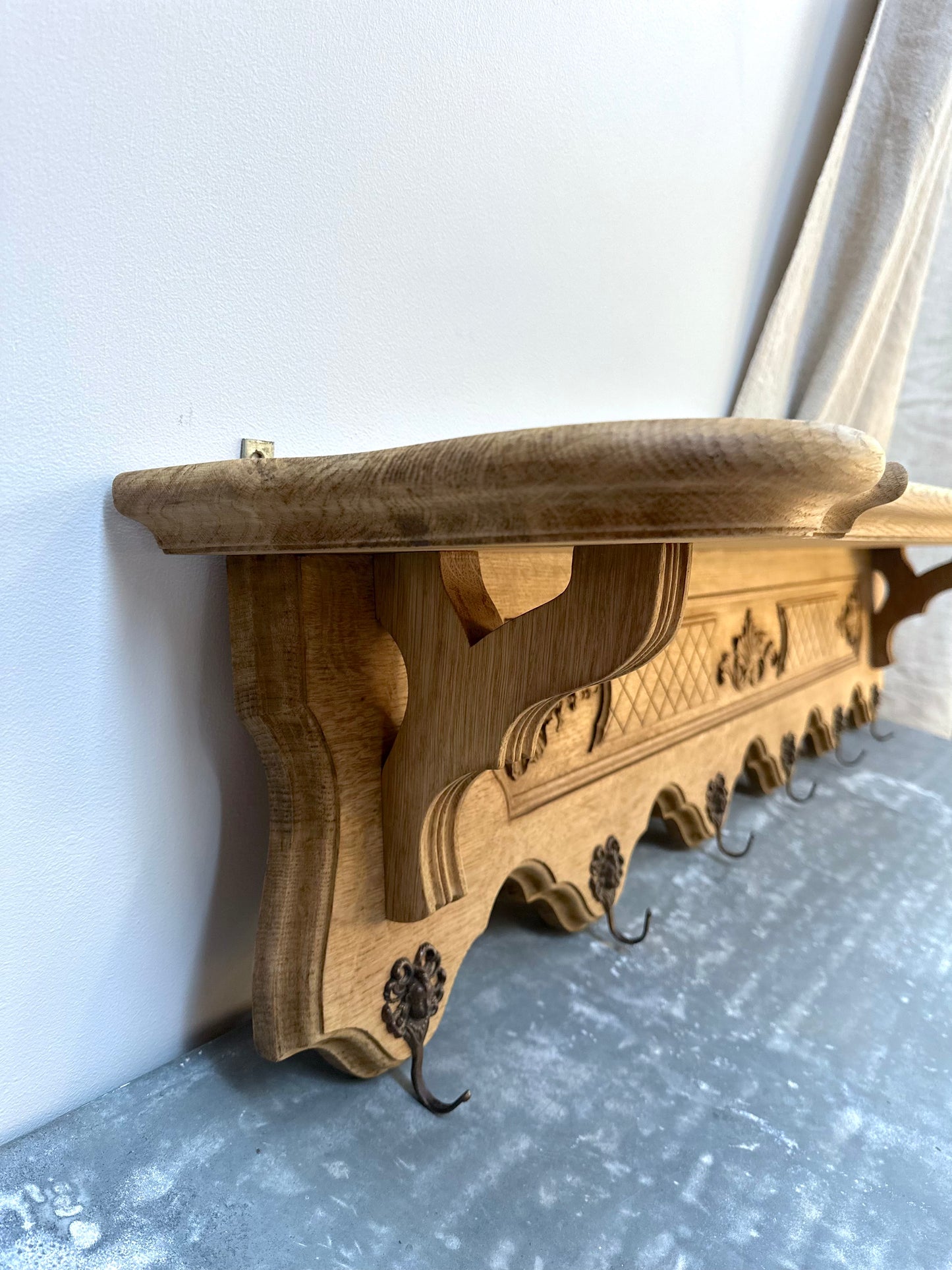 Antique French Large Louis XV Oak 6 Hook Wall Shelf