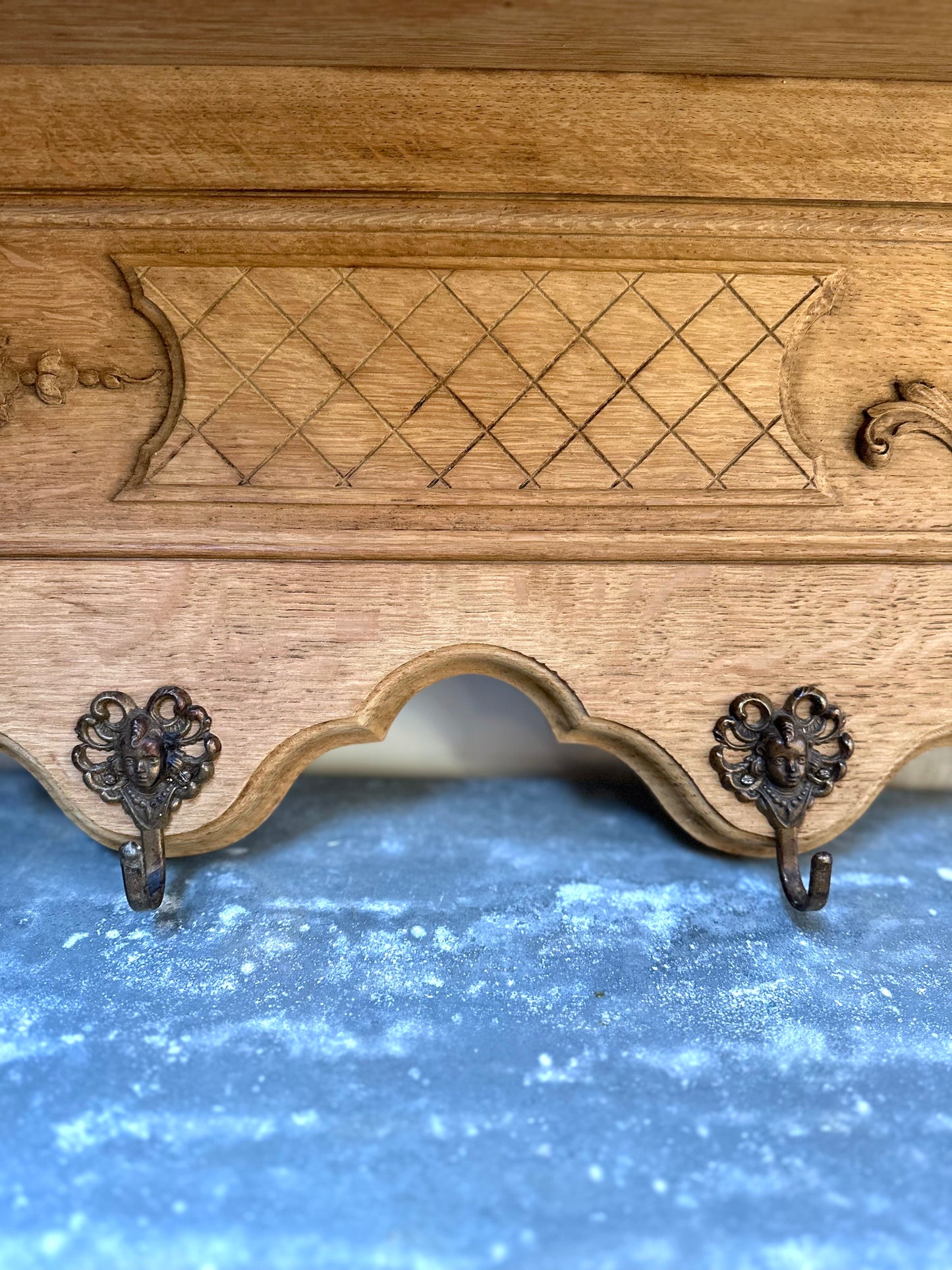 Antique French Large Louis XV Oak 6 Hook Wall Shelf