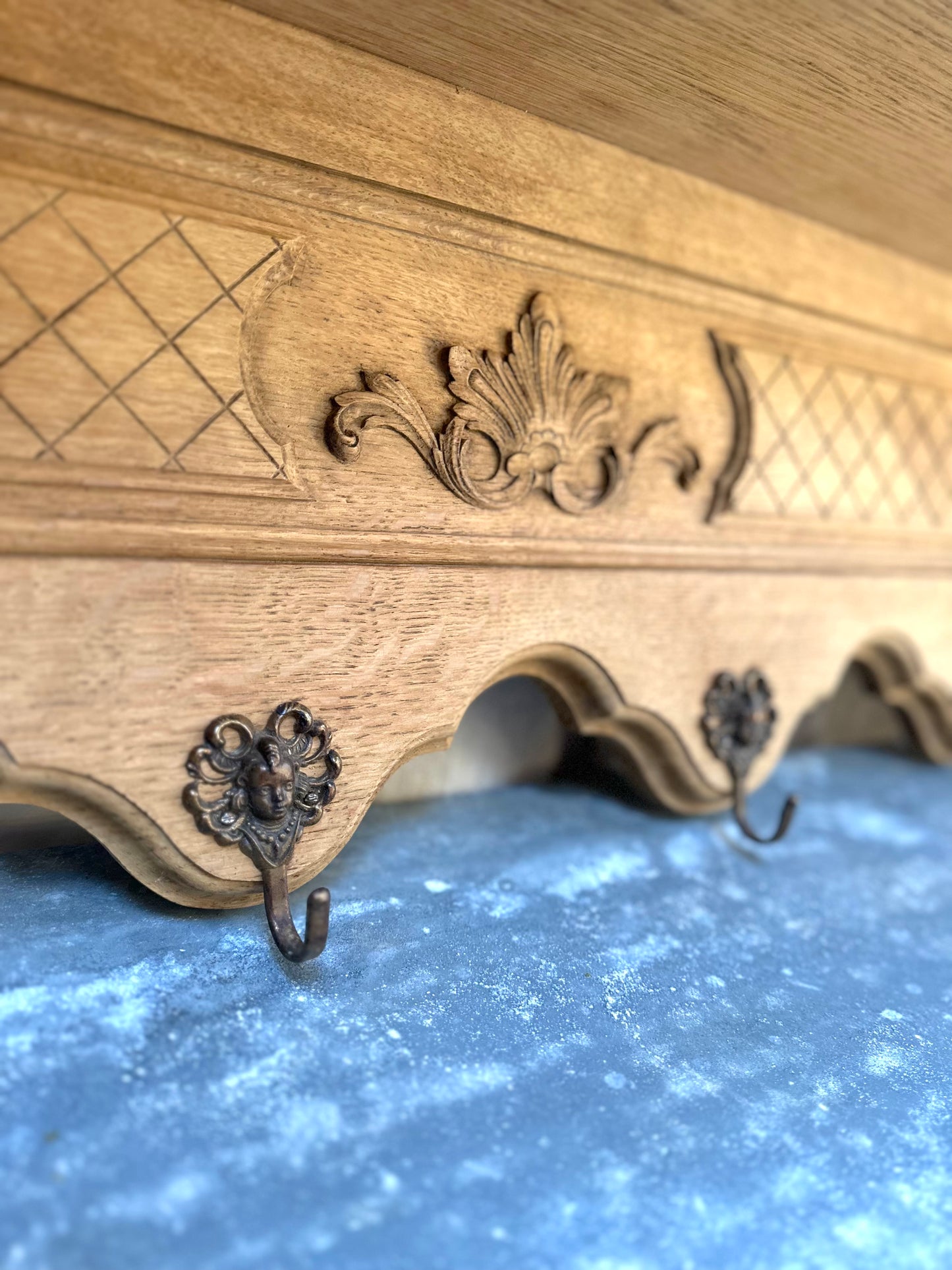 Antique French Large Louis XV Oak 6 Hook Wall Shelf