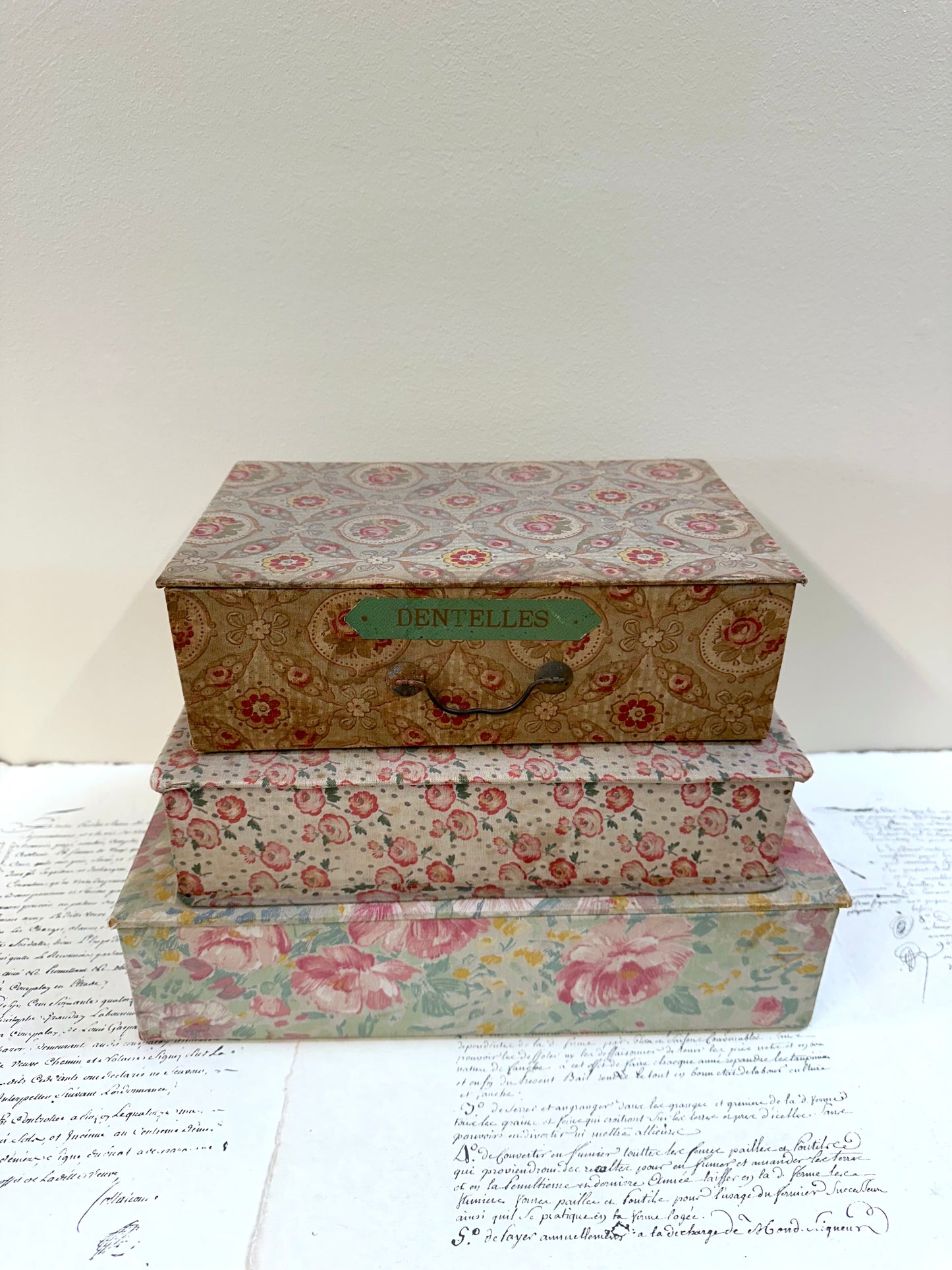 Antique French 'Fleur du Printemp' Fabric Covered Boudoir Boxes