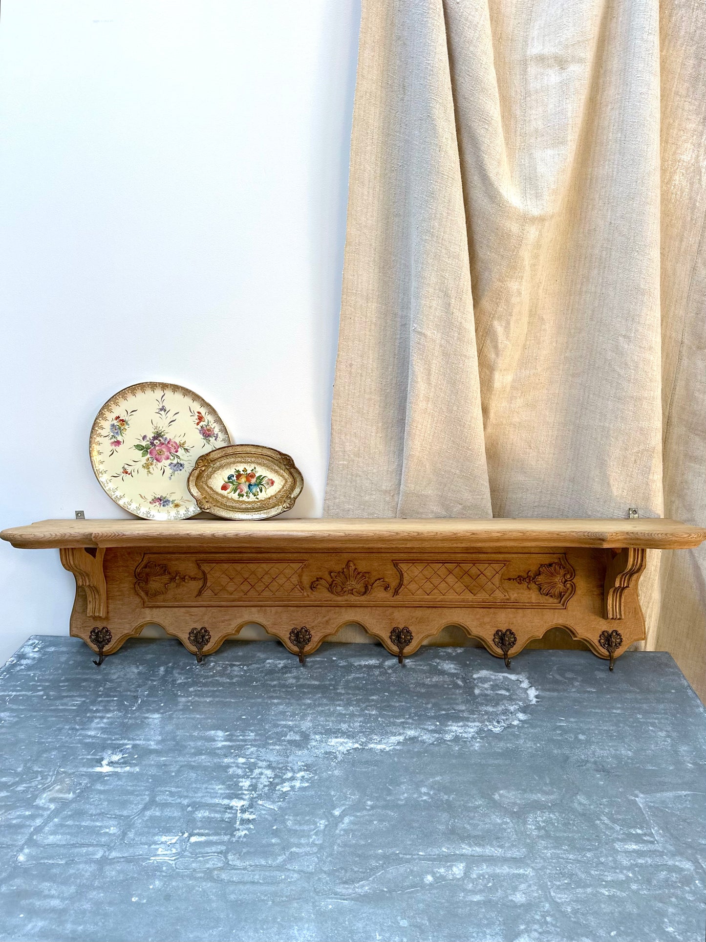 Antique French Large Louis XV Oak 6 Hook Wall Shelf