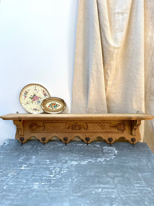 Antique French Large Louis XV Oak 6 Hook Wall Shelf