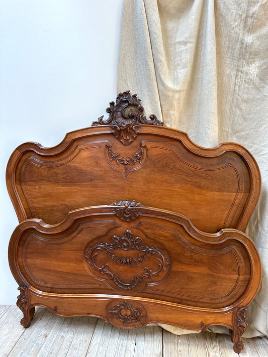 Antique French Louis XV Style Walnut Queen Size Bed