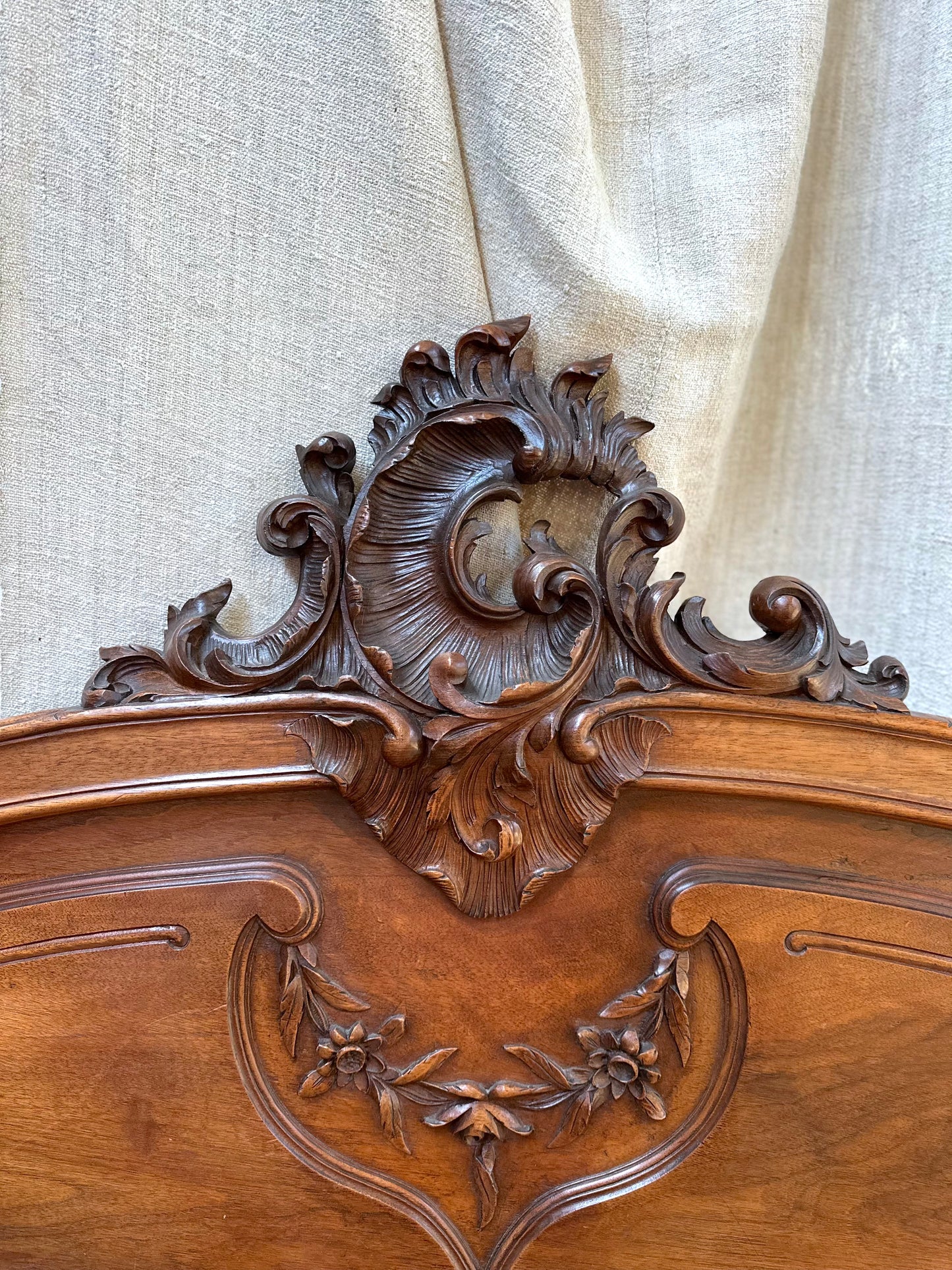 Antique French Louis XV Style Walnut Queen Size Bed