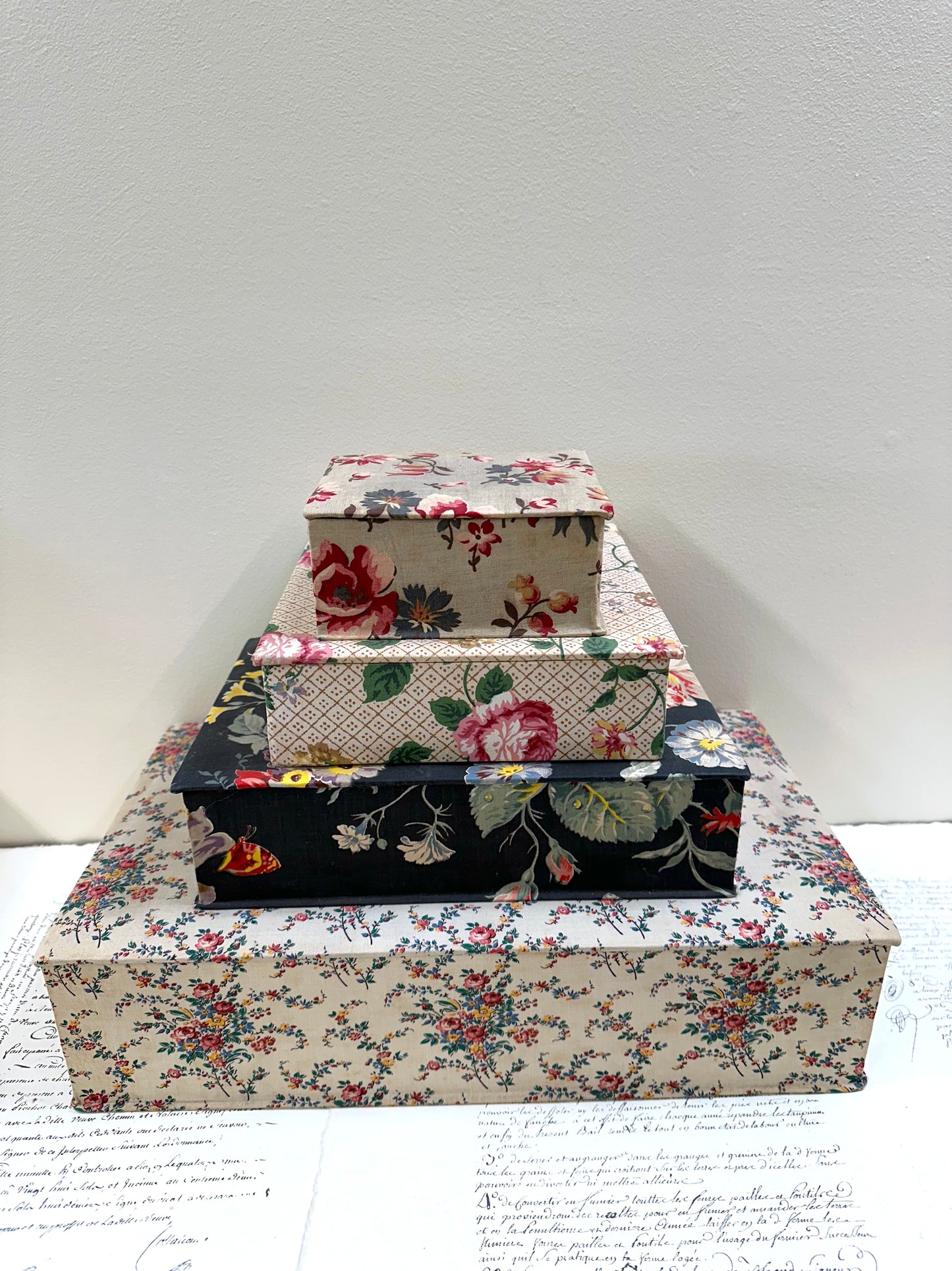 Antique French 'Bouquet des Fleurs' Fabric Covered Boudoir Boxes