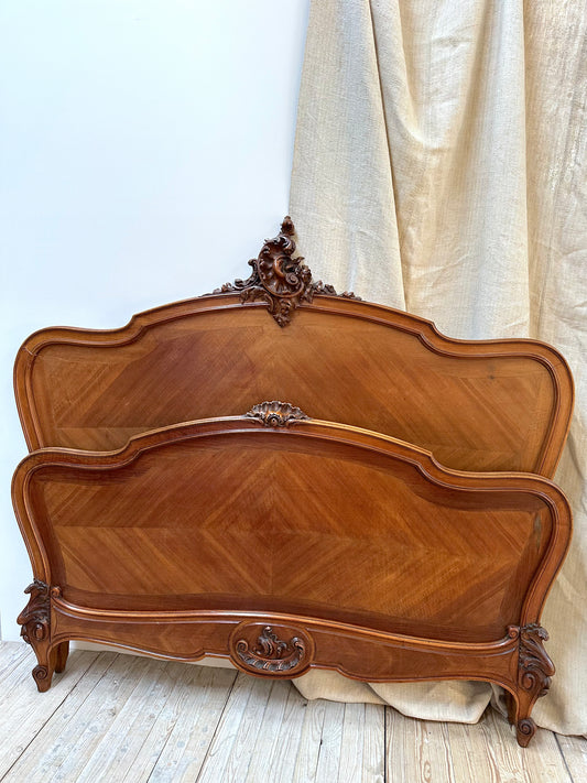 Antique French Louis XV Quartercut Veneer Queen Size Bed