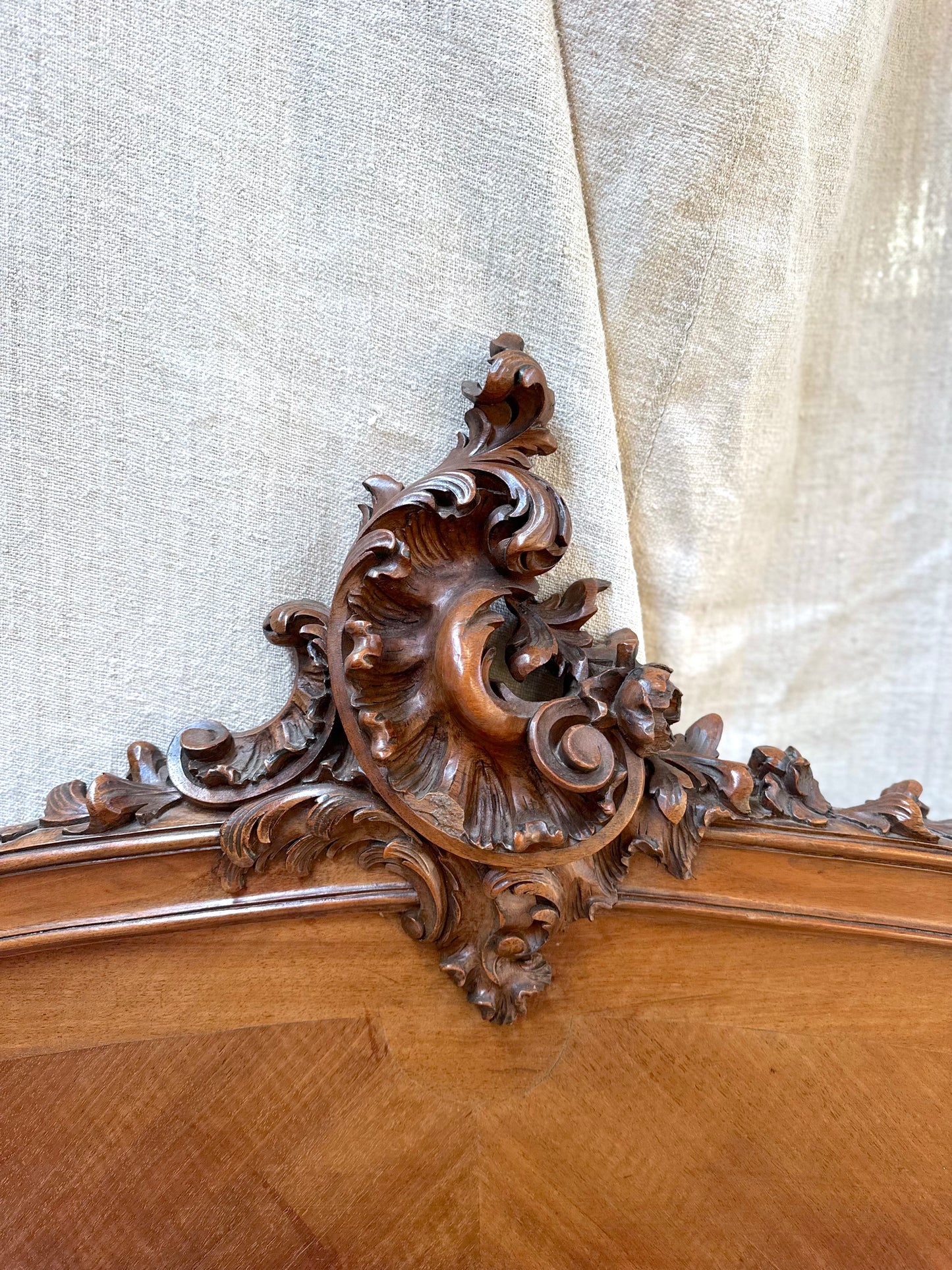 Antique French Louis XV Quartercut Veneer Queen Size Bed
