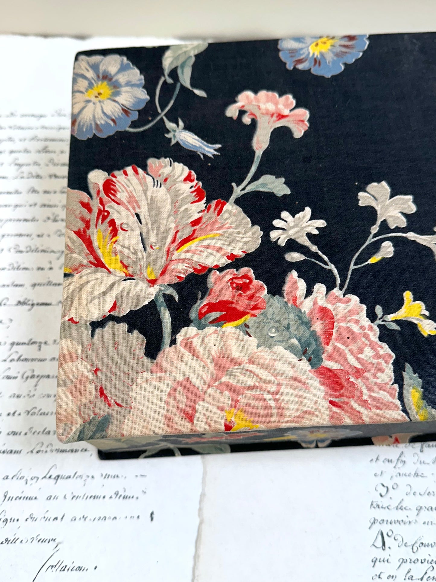 Antique French 'Bouquet des Fleurs' Fabric Covered Boudoir Boxes