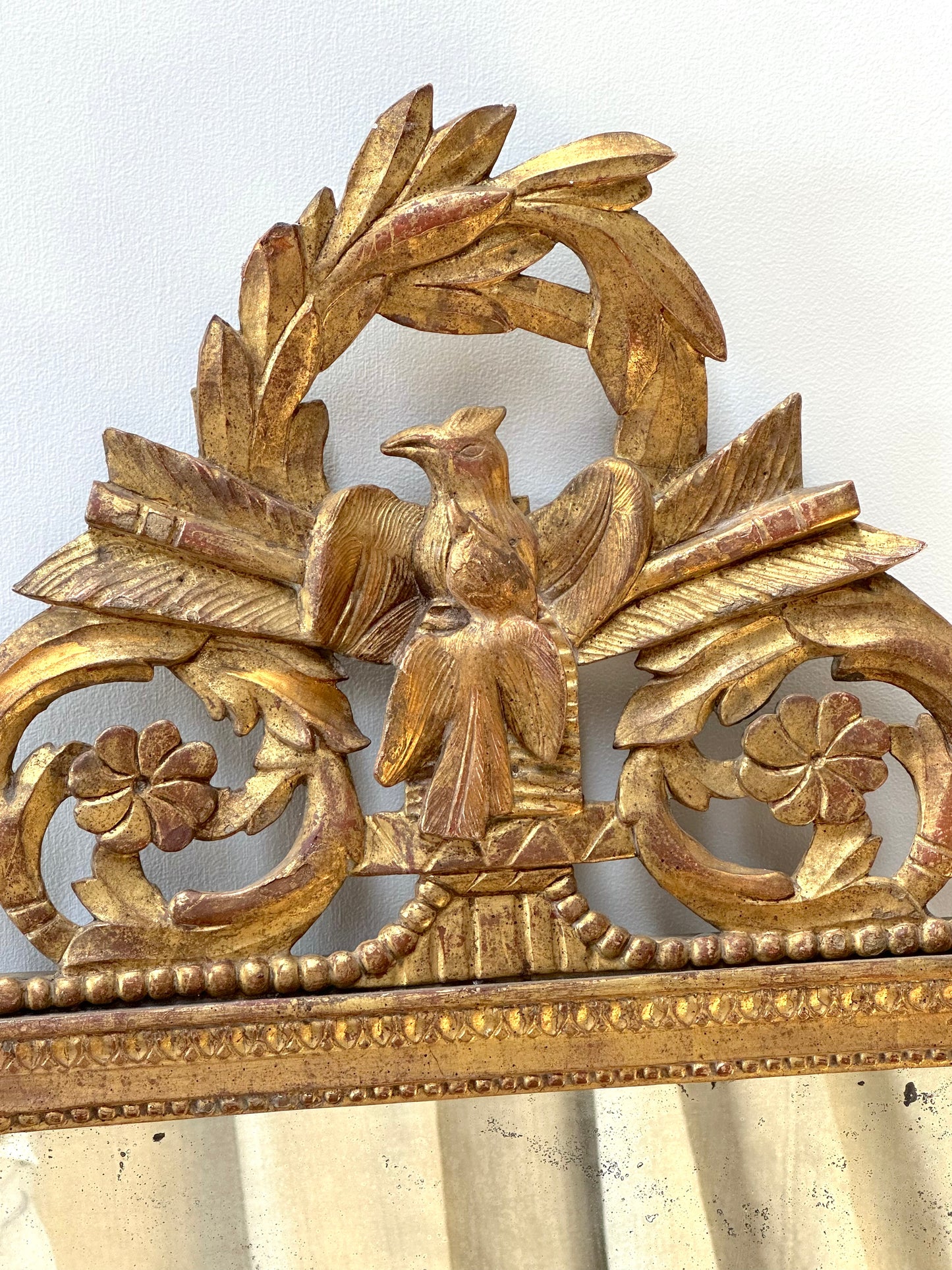 Antique French Louis XVI Bird in Wreath Gold Gilt Mirror