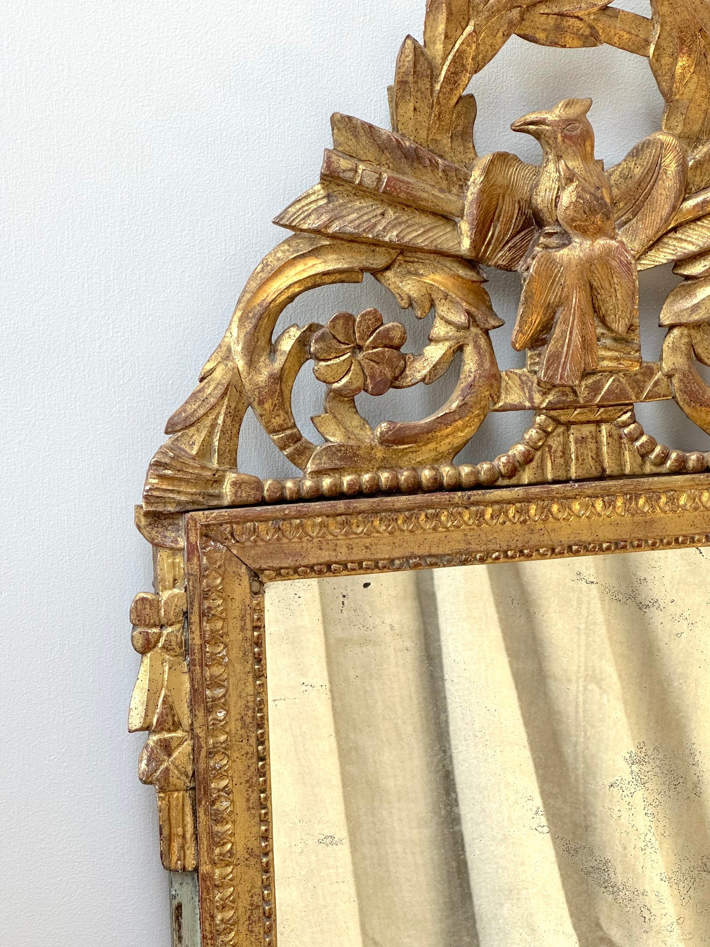Antique French Louis XVI Bird in Wreath Gold Gilt Mirror