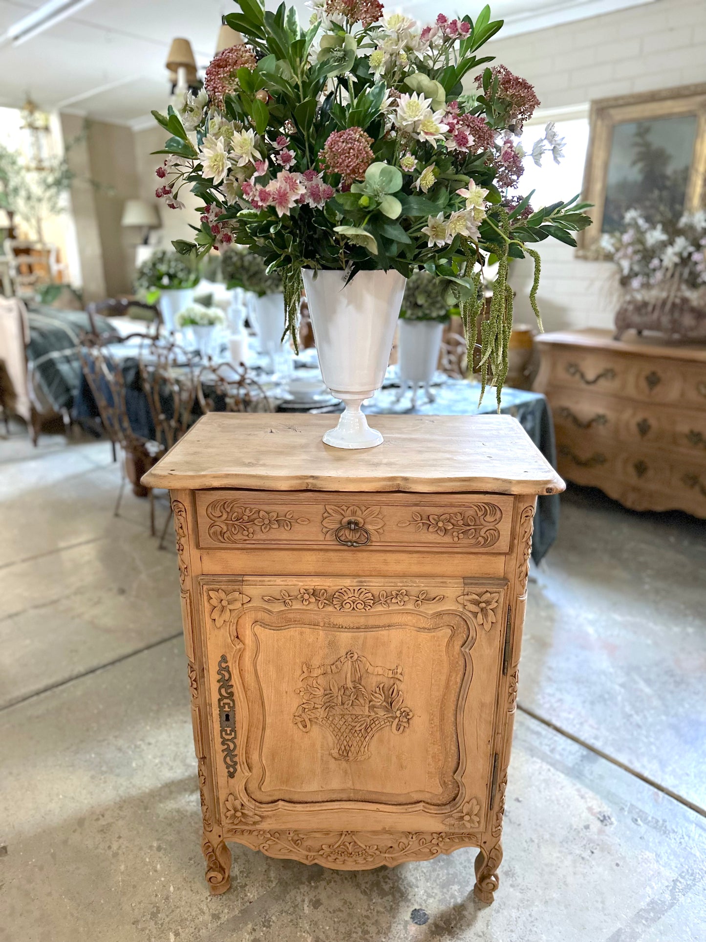 Antique French Confiturier With Flower Basket Carving - Raw Finish