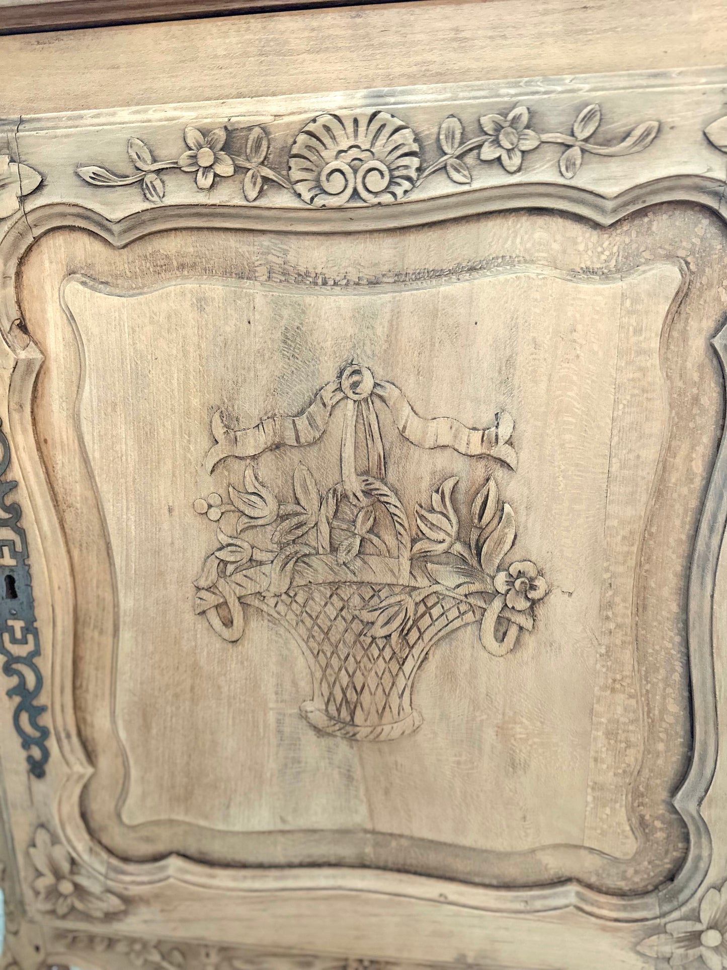 Antique French Confiturier With Flower Basket Carving - Raw Finish