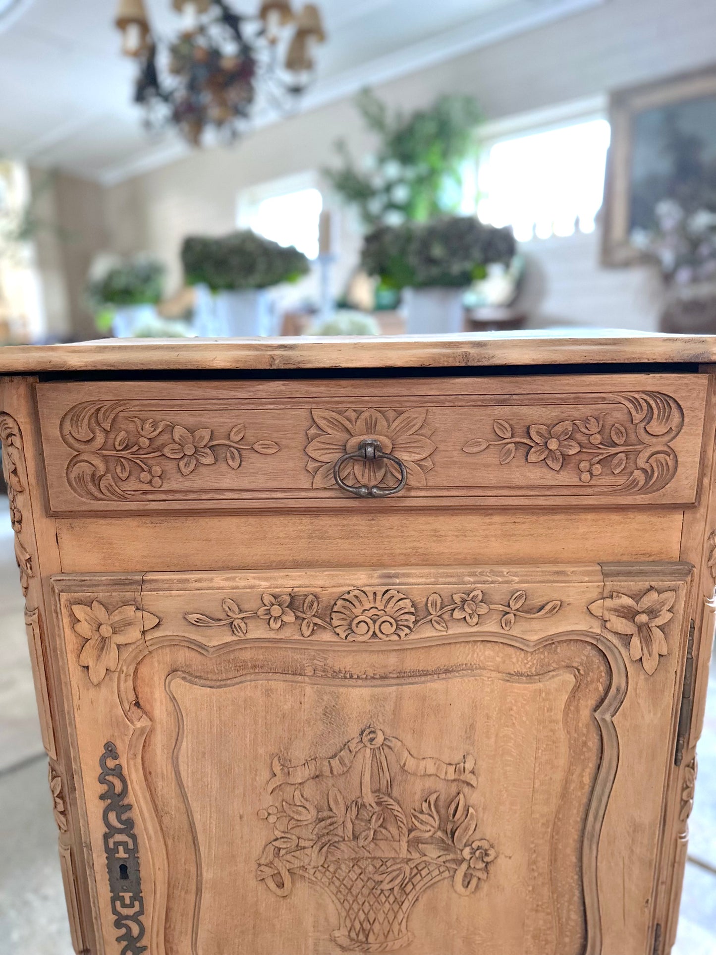 Antique French Confiturier With Flower Basket Carving - Raw Finish