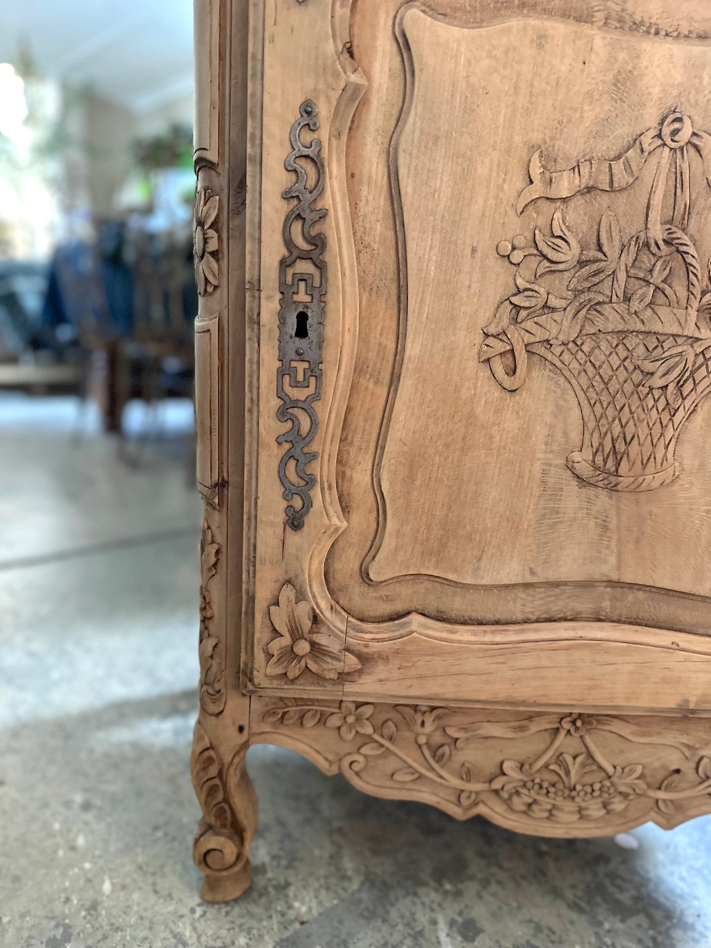 Antique French Confiturier With Flower Basket Carving - Raw Finish