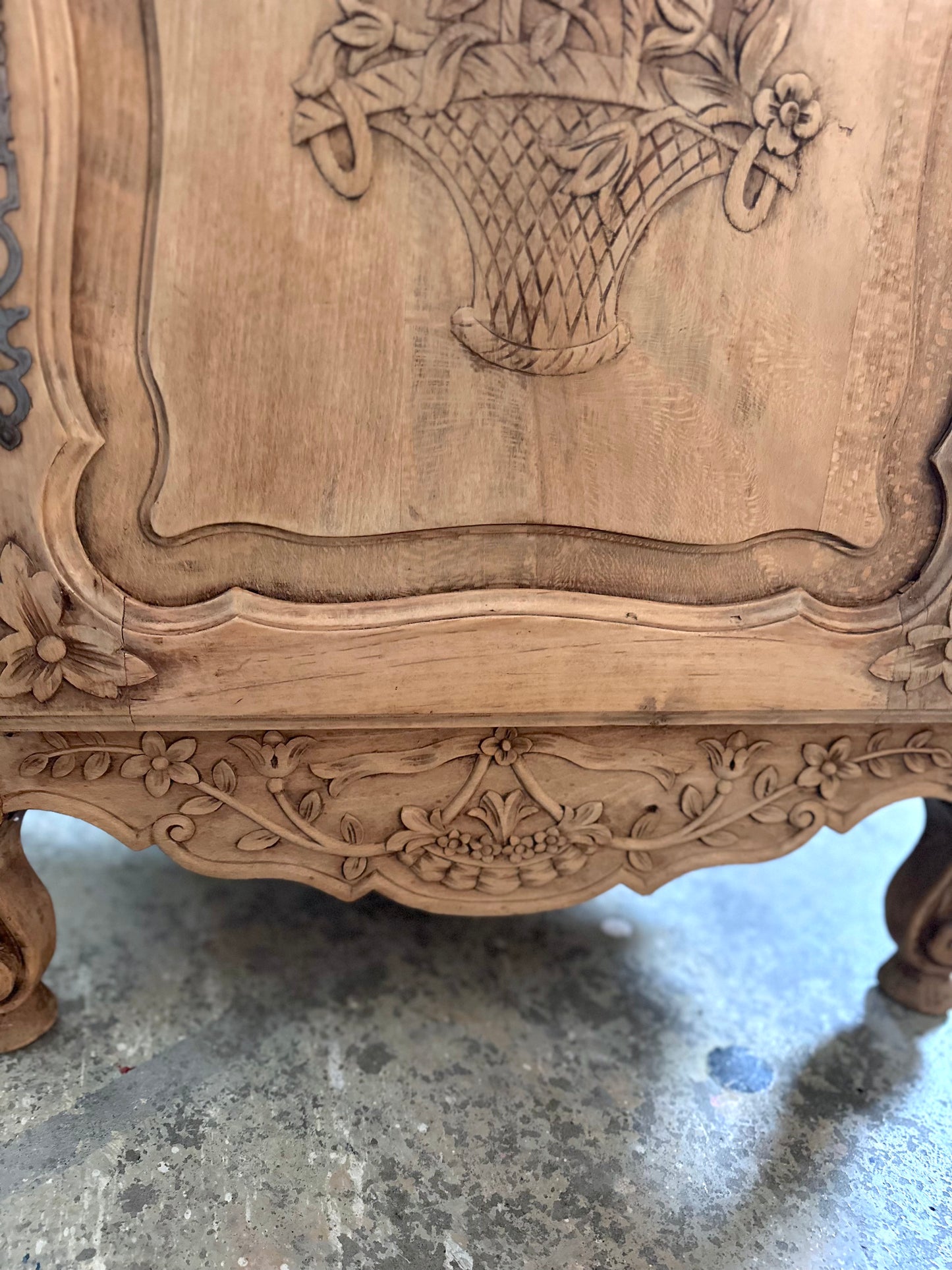 Antique French Confiturier With Flower Basket Carving - Raw Finish