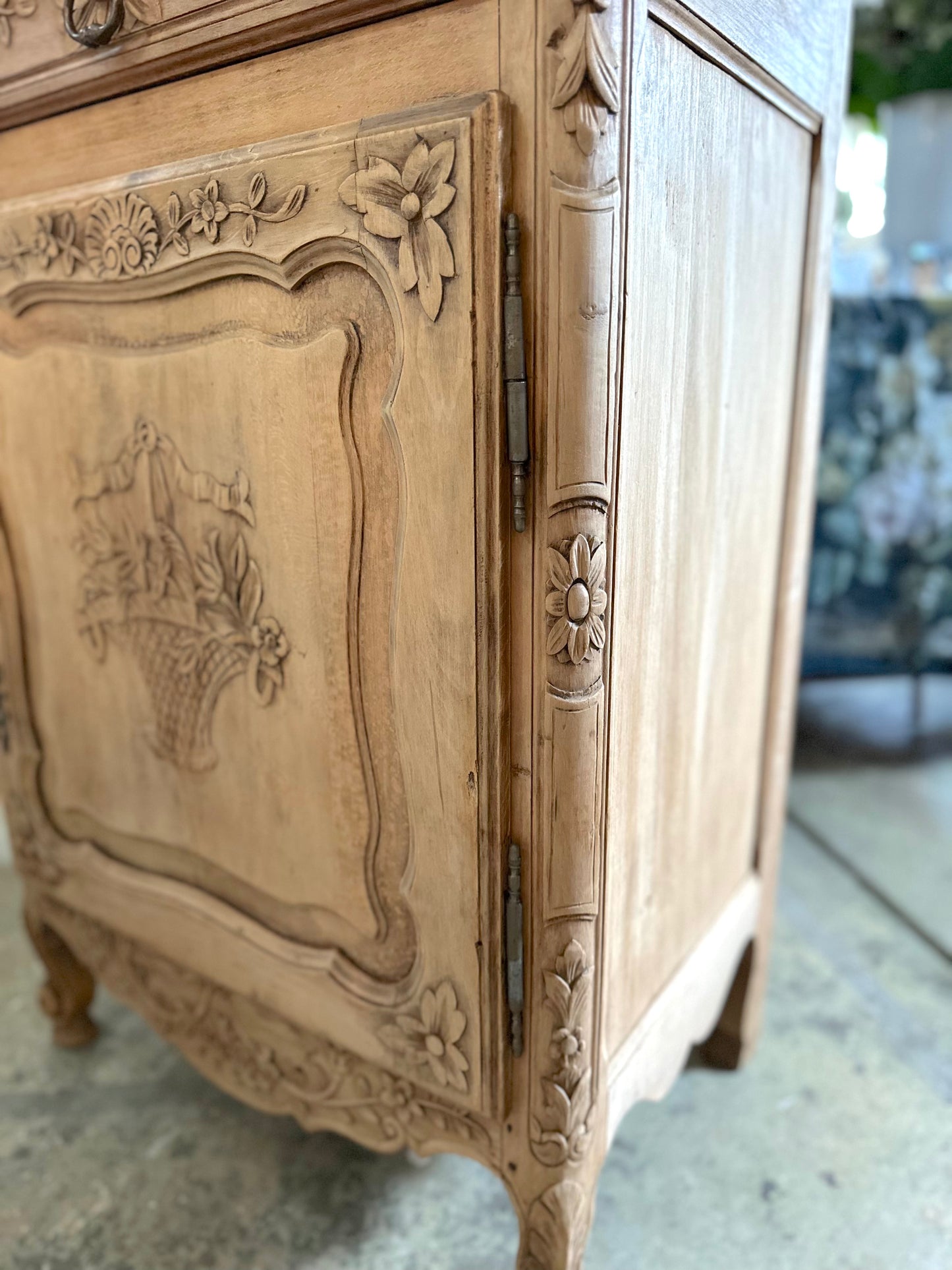 Antique French Confiturier With Flower Basket Carving - Raw Finish