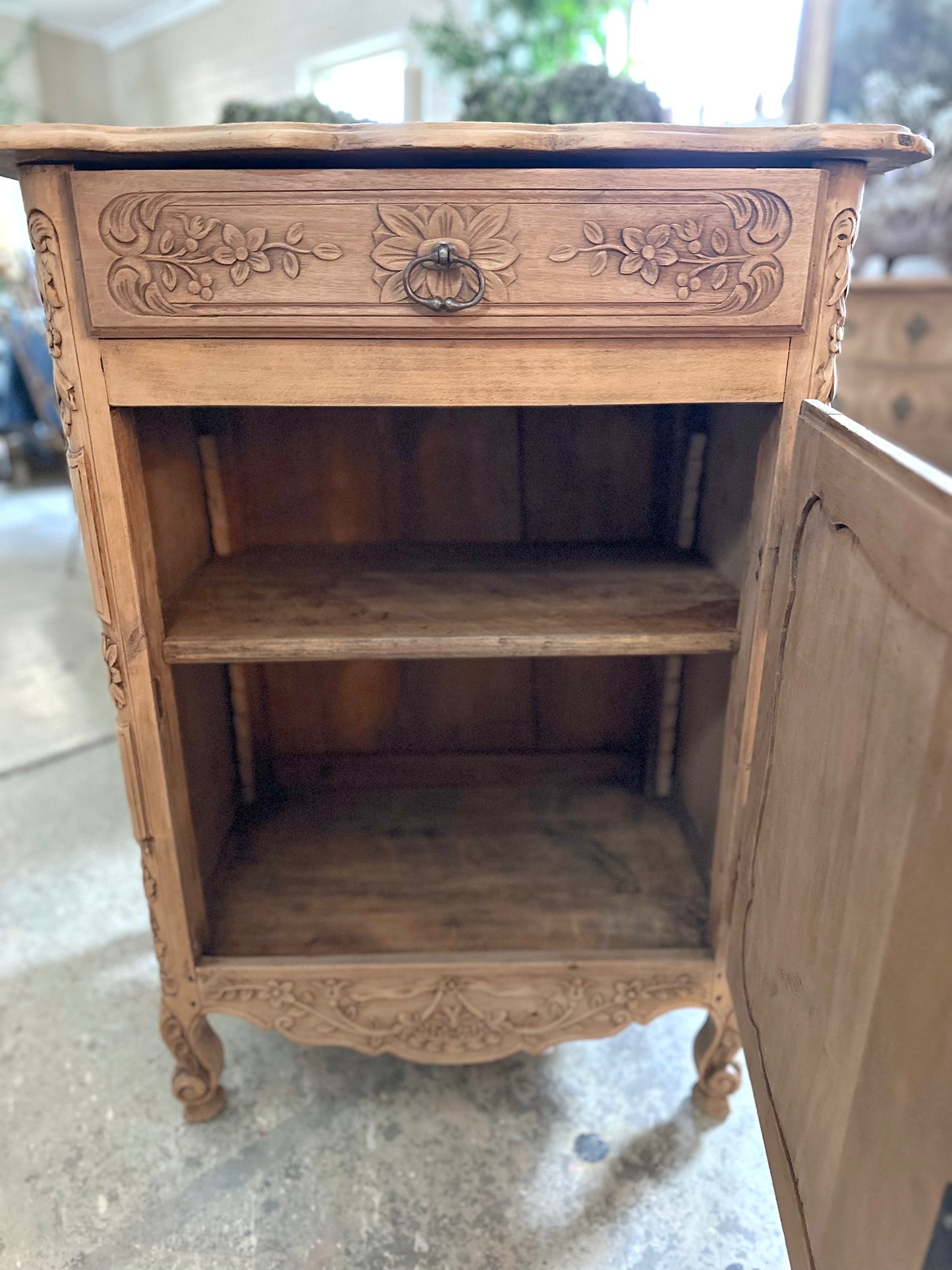 Antique French Confiturier With Flower Basket Carving - Raw Finish