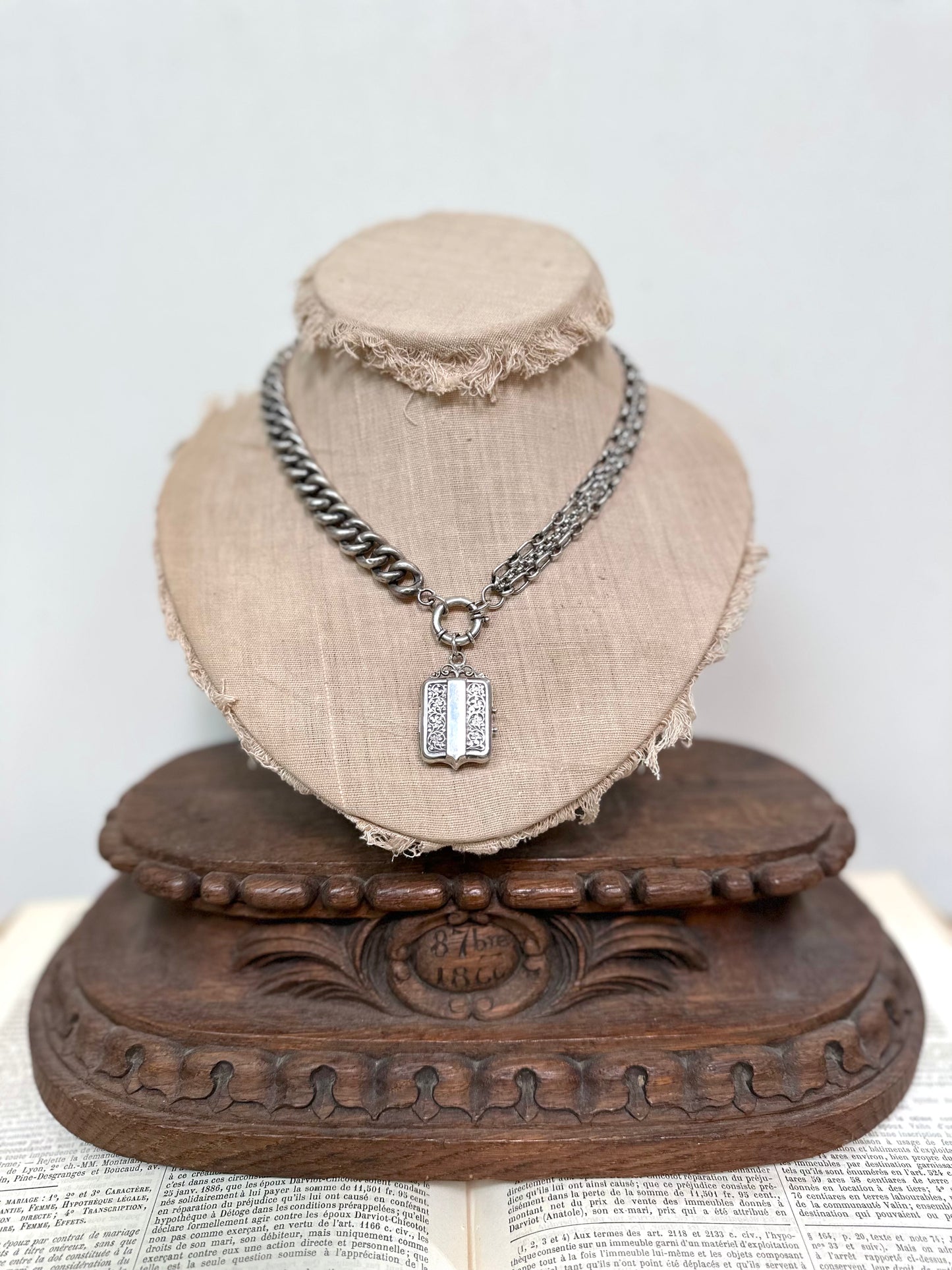 Antique French Silver Necklace With Decorative Locket