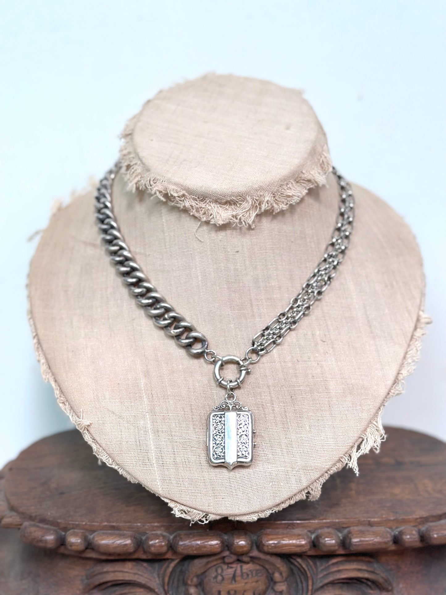 Antique French Silver Necklace With Decorative Locket