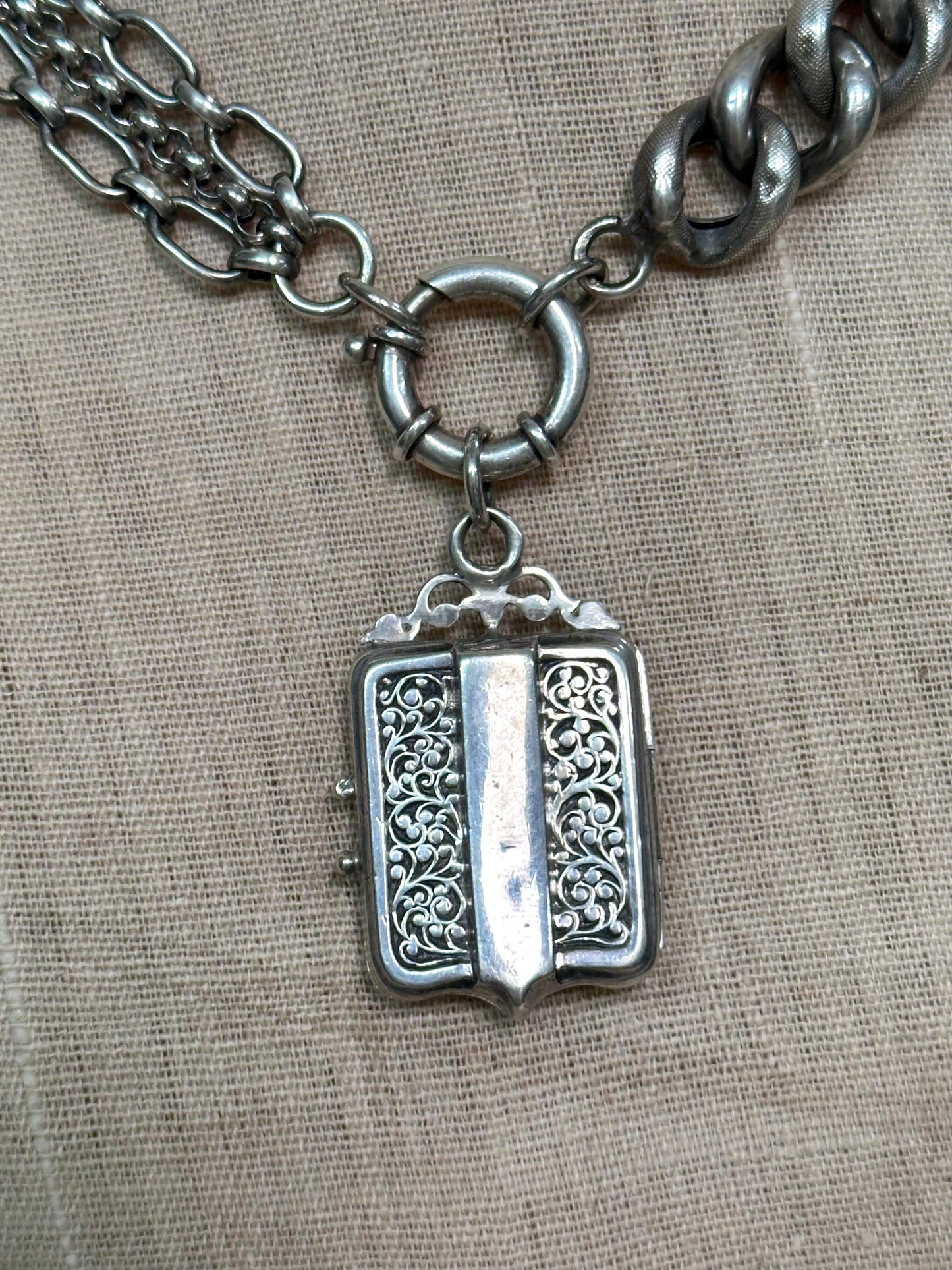 Antique French Silver Necklace With Decorative Locket