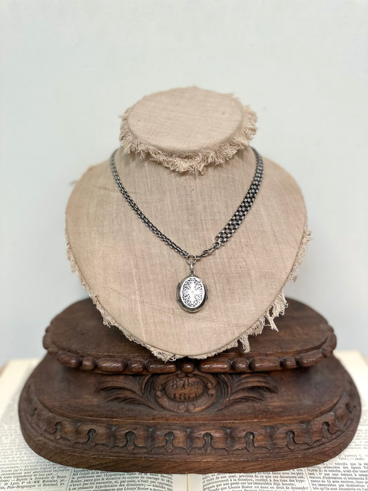 Antique French Silver Necklace With Flower Watch Chain And Locket