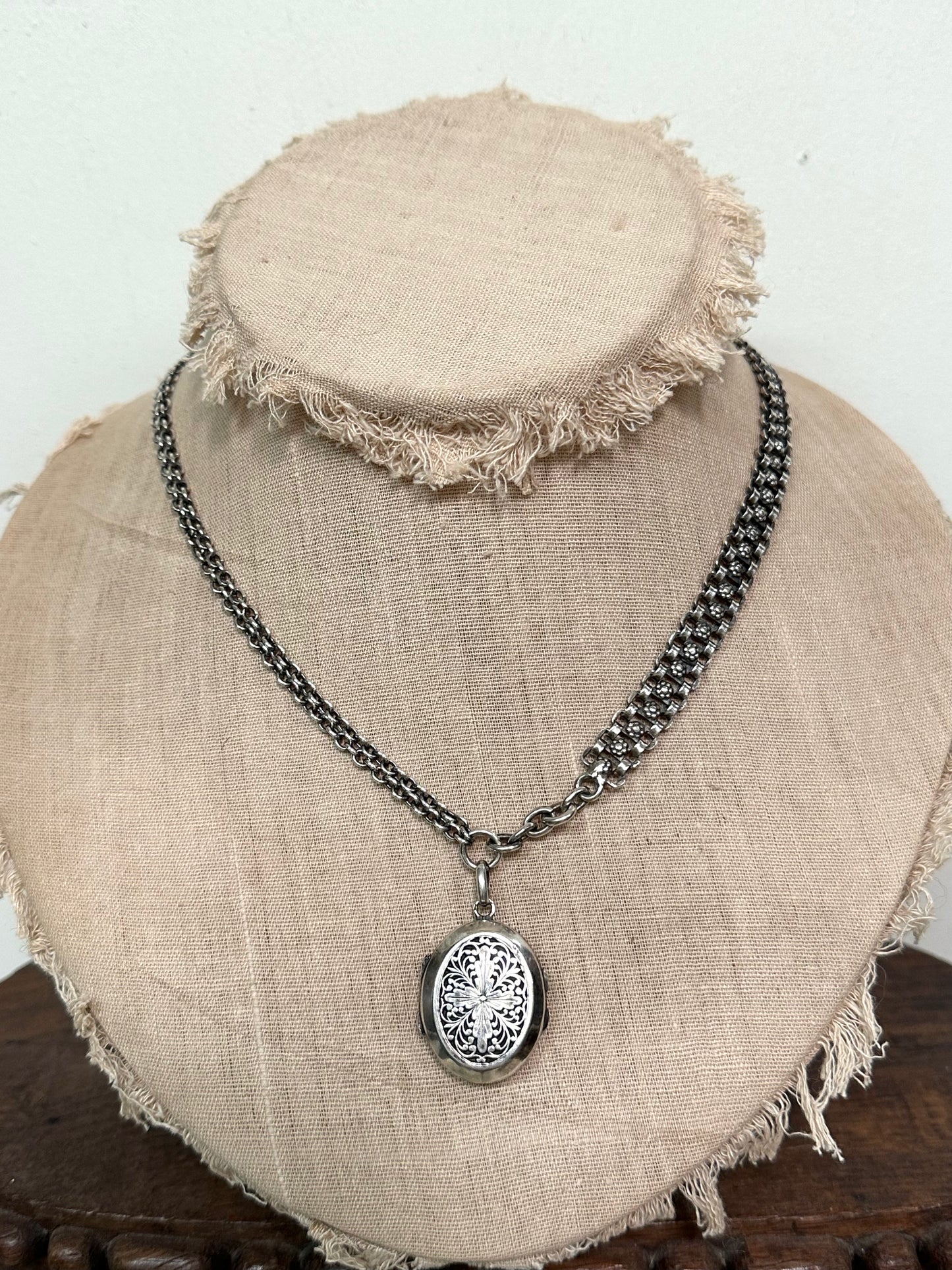Antique French Silver Necklace With Flower Watch Chain And Locket