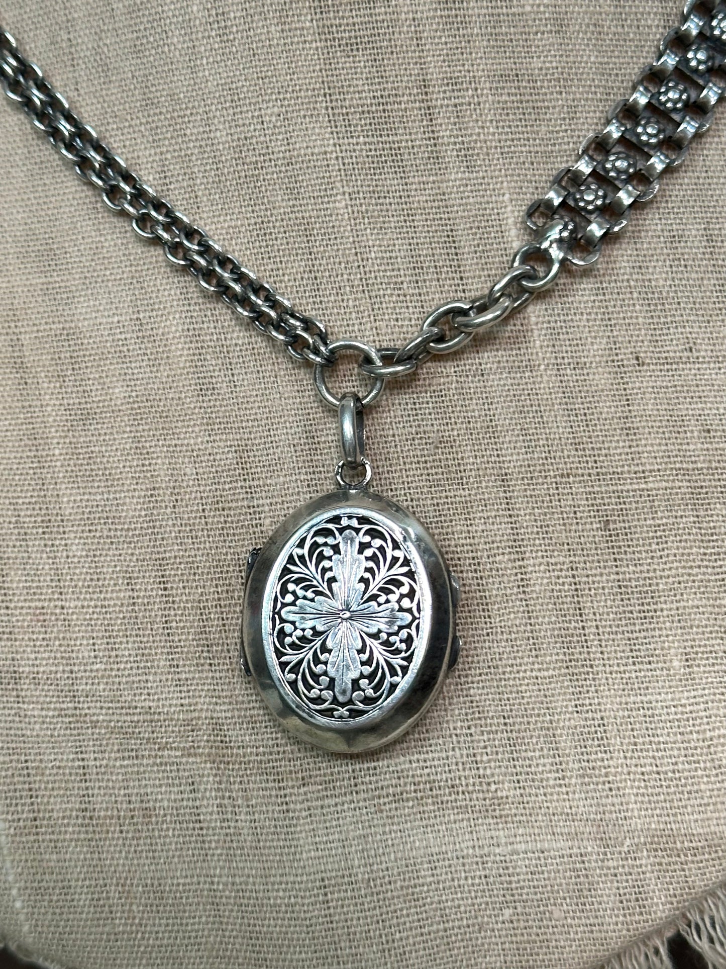 Antique French Silver Necklace With Flower Watch Chain And Locket
