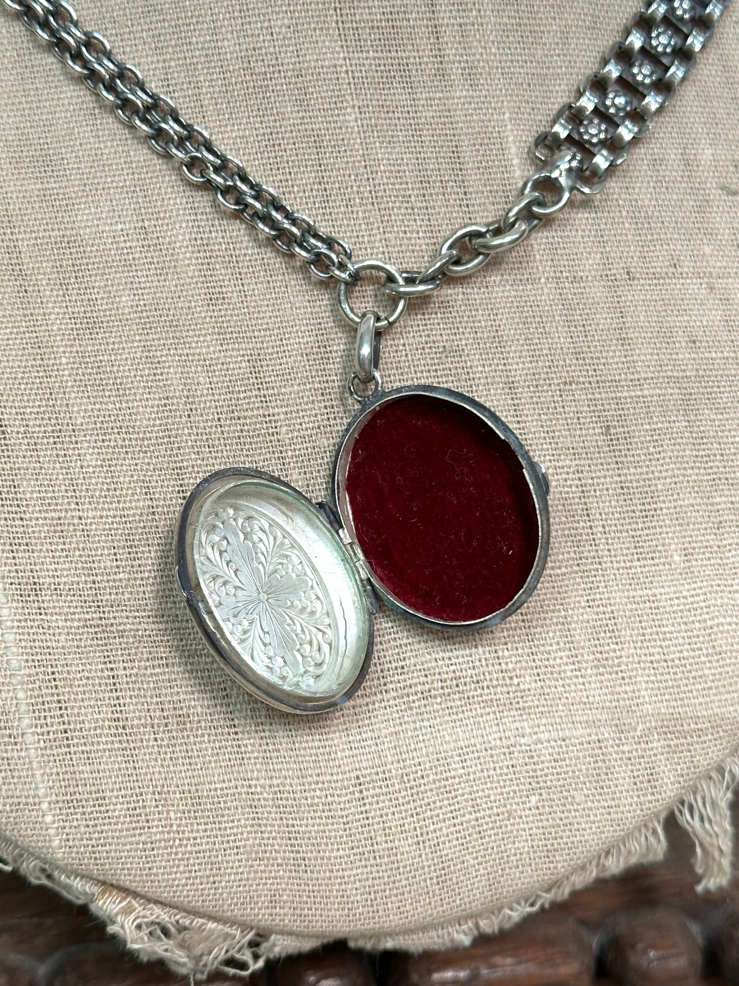 Antique French Silver Necklace With Flower Watch Chain And Locket