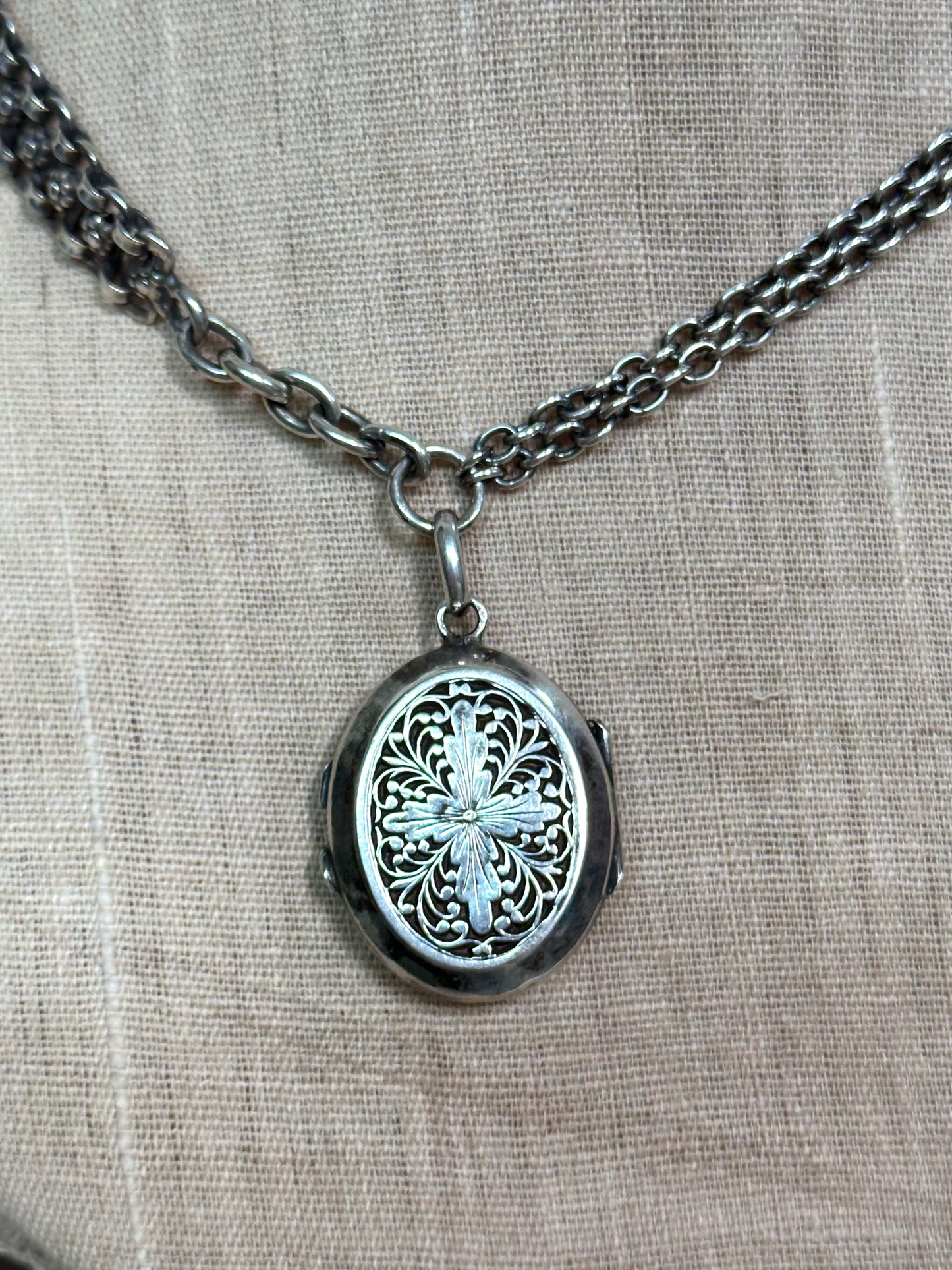 Antique French Silver Necklace With Flower Watch Chain And Locket