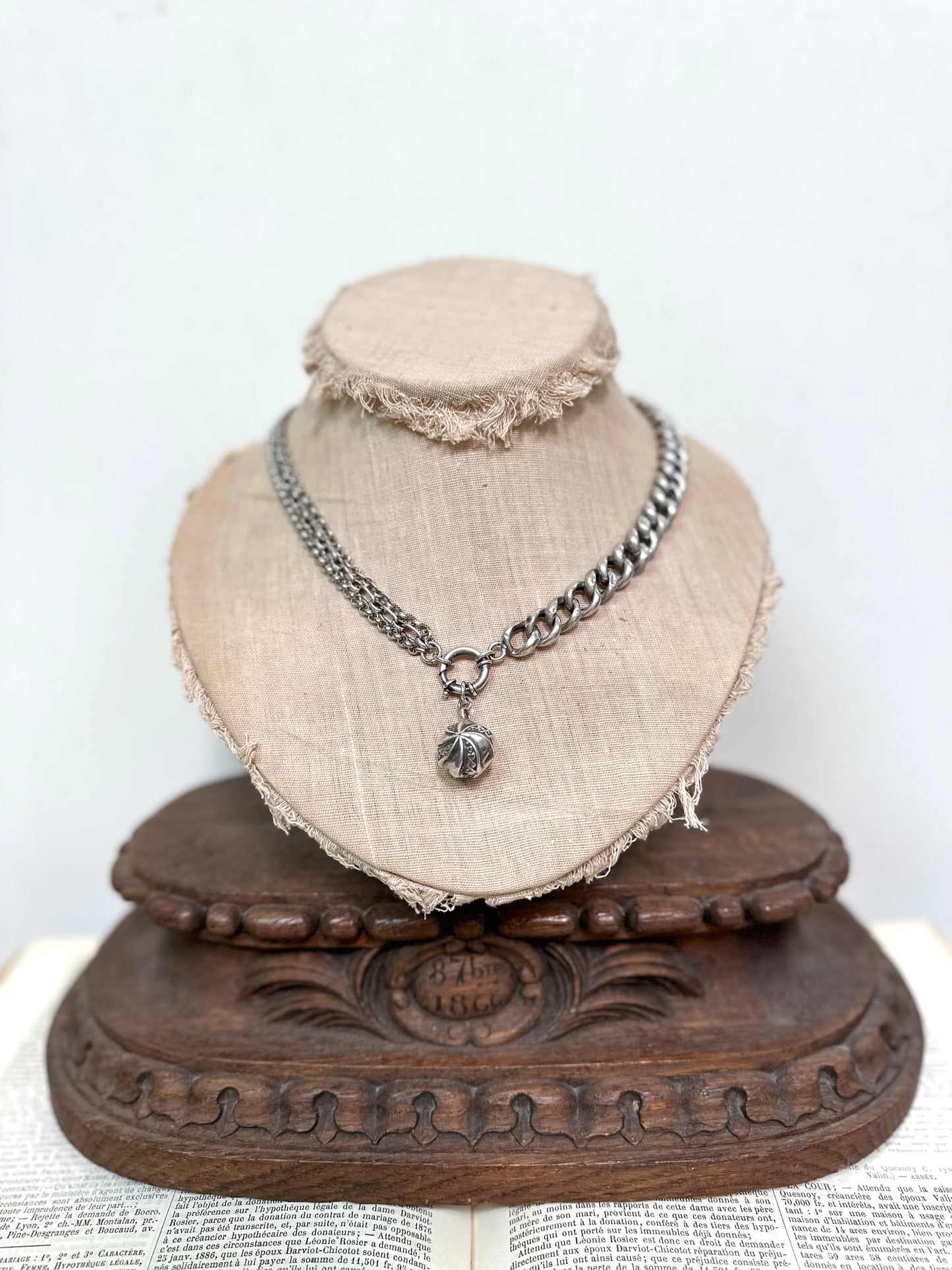 Antique French Silver Necklace With Ball Fob Charm