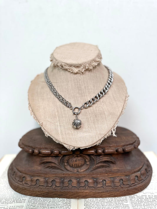 Antique French Silver Necklace With Ball Fob Charm